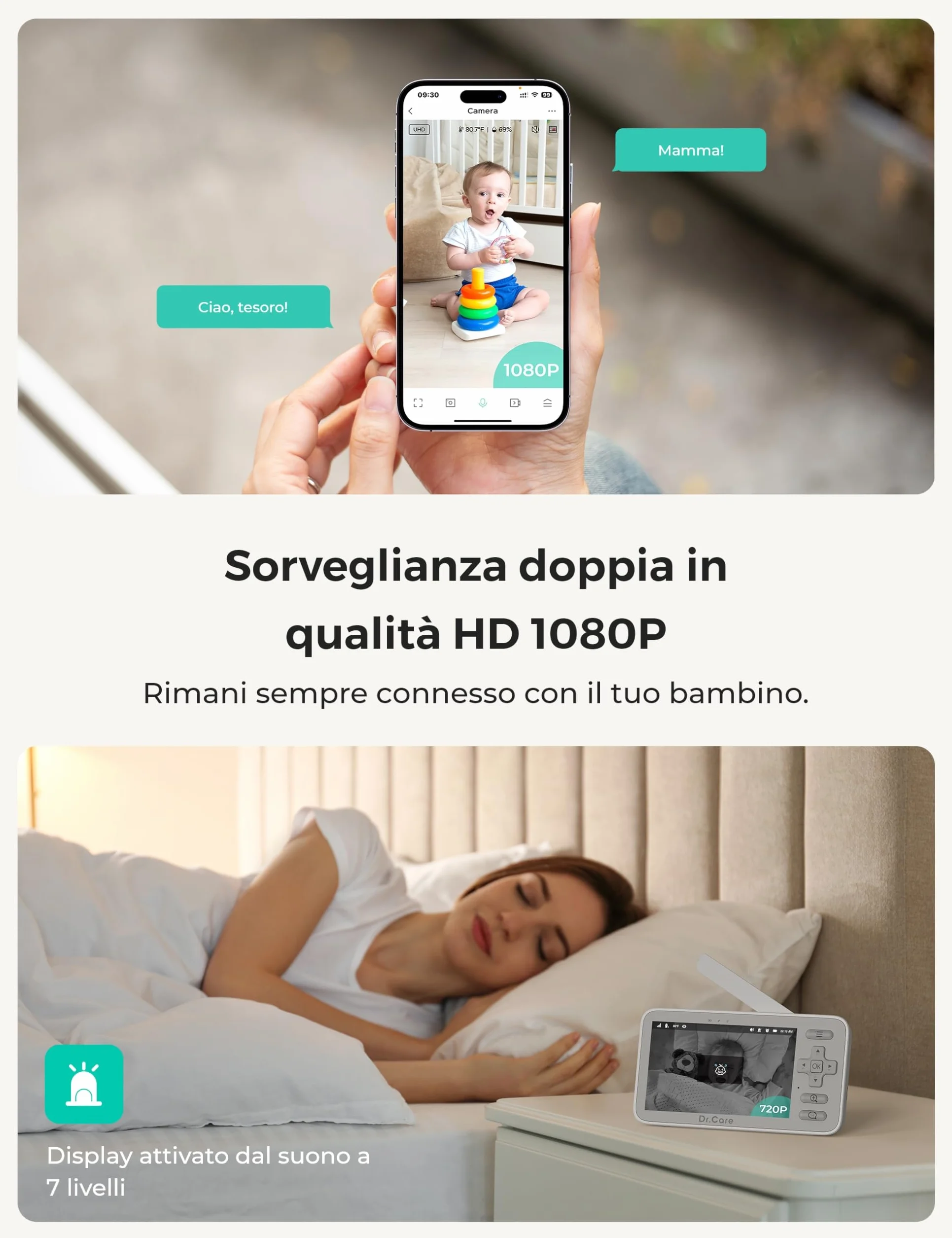 Dr.Care Smart WiFi Baby Monitor VistaView Lite, Schermo 4" 720P, Fotocamera 1080P, App, Allarmi Movimento, Visione Notturna, Batteria 3000mAh, Portata 390m (4" Baby Monitor + 1 Telecamere)