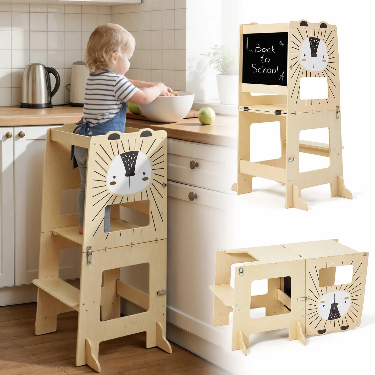 Labebe Torre Montessoriana Pieghevole in Legno 98 cm 3 in 1 Scrivania e Sedia per Bambini con Lavagna