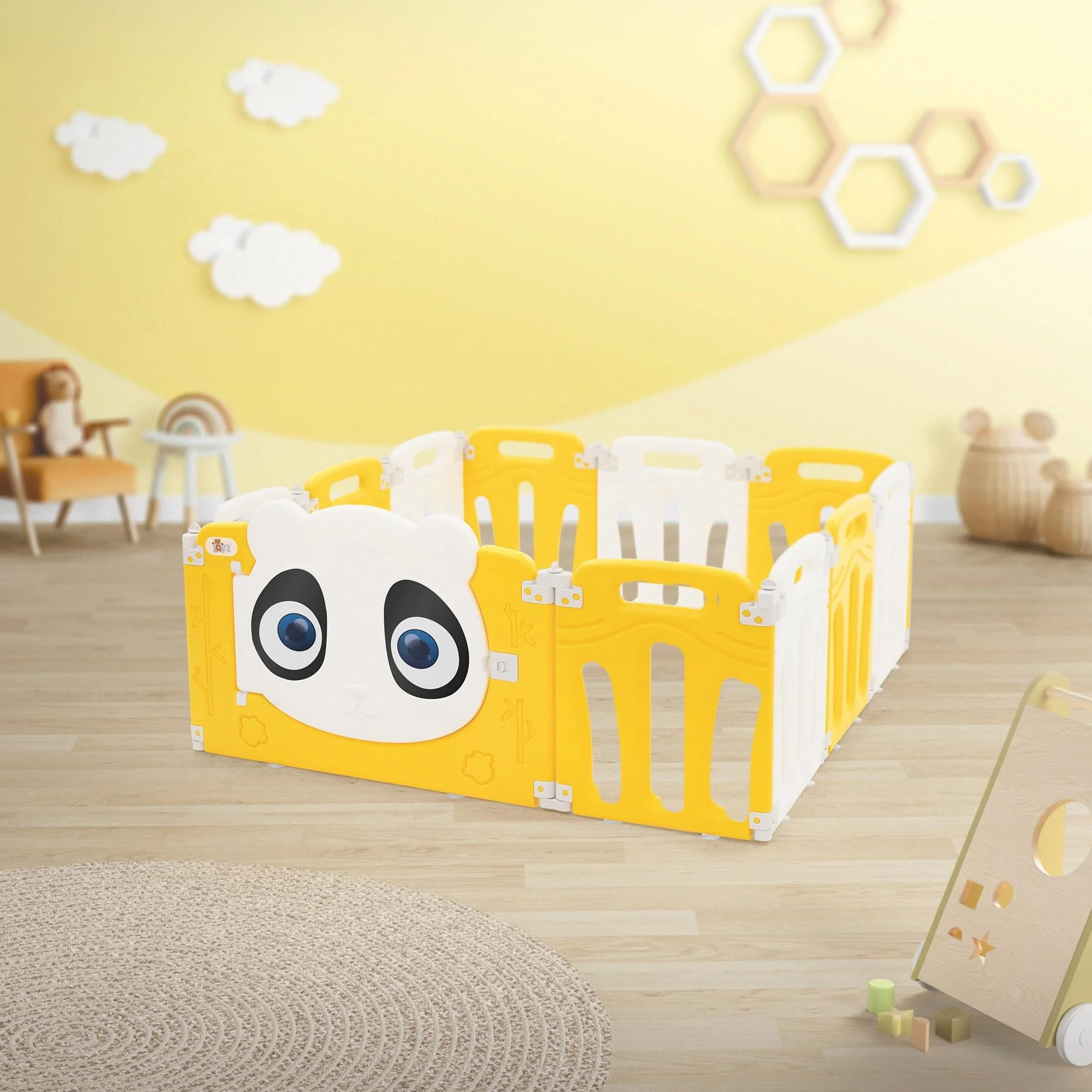 Joyz Box Bambini 120x120 cm Pieghevole Design Panda Bianco/Giallo Cancelletto con Porta e Orologio Didattico Recinto in Plastica per Interni/Esterni Cancelletto per l’Esplorazione dei Neonati