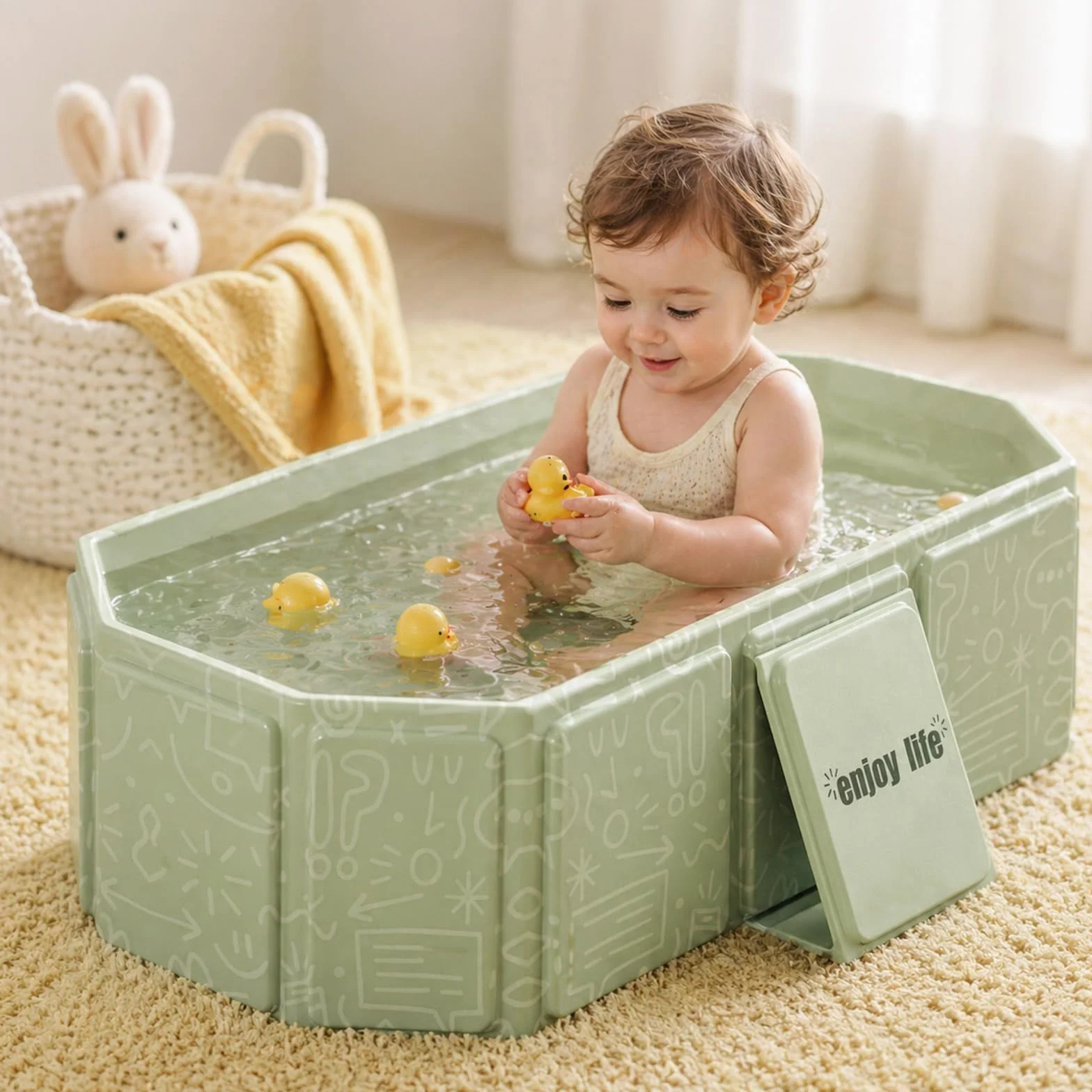 Vasca da bagno pieghevole, Vaschetta portatile per bambini – Salvaspazio e leggera, Con tappo di scarico, Vasca multifunzione per bambini 0-8 anni, Verde