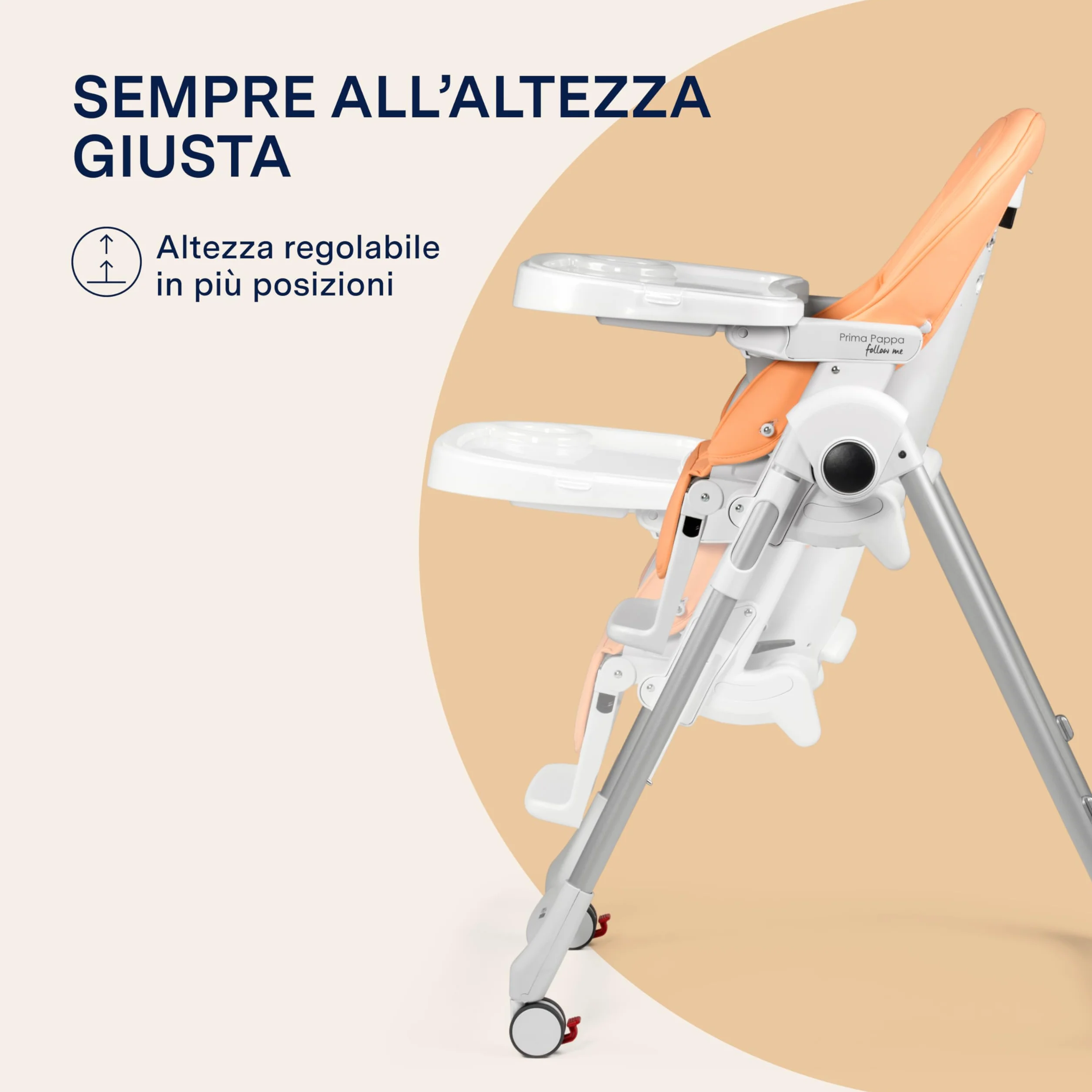 PEG Prima Pappa Follow Me Seggiolone Neonati Reclinabile, Funzione Sdraietta, 4 ruote, Pieghevole, Ultracompatto, 0-3 Anni (0-15 kg), Peach