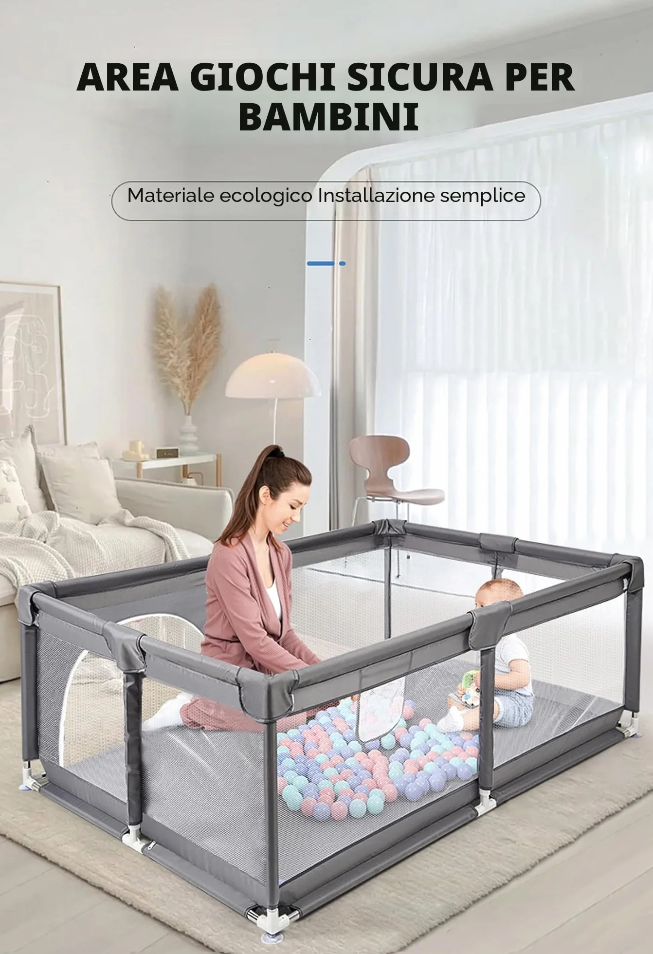 Recinto Gioco Pieghevole 160×120 cm Grigio per Neonati | Dotato di sacco portapalle e anelli tira su, pratico e sicuro per bambini