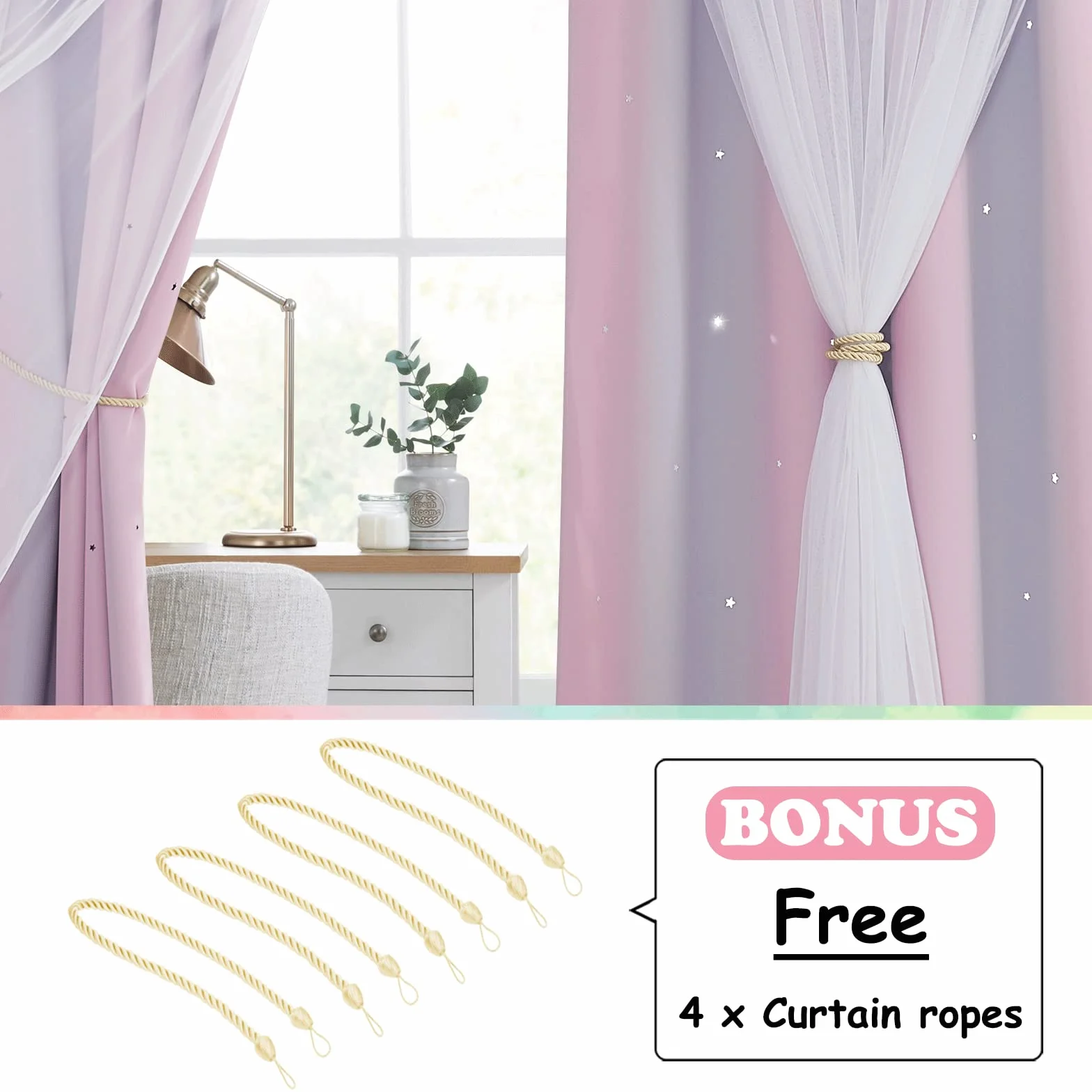 NICETOWN Tende Oscuranti per Camera da Letto Doppio Velo con Stelle Vuote 2 Pezzi 132x280 cm Rosa Viola
