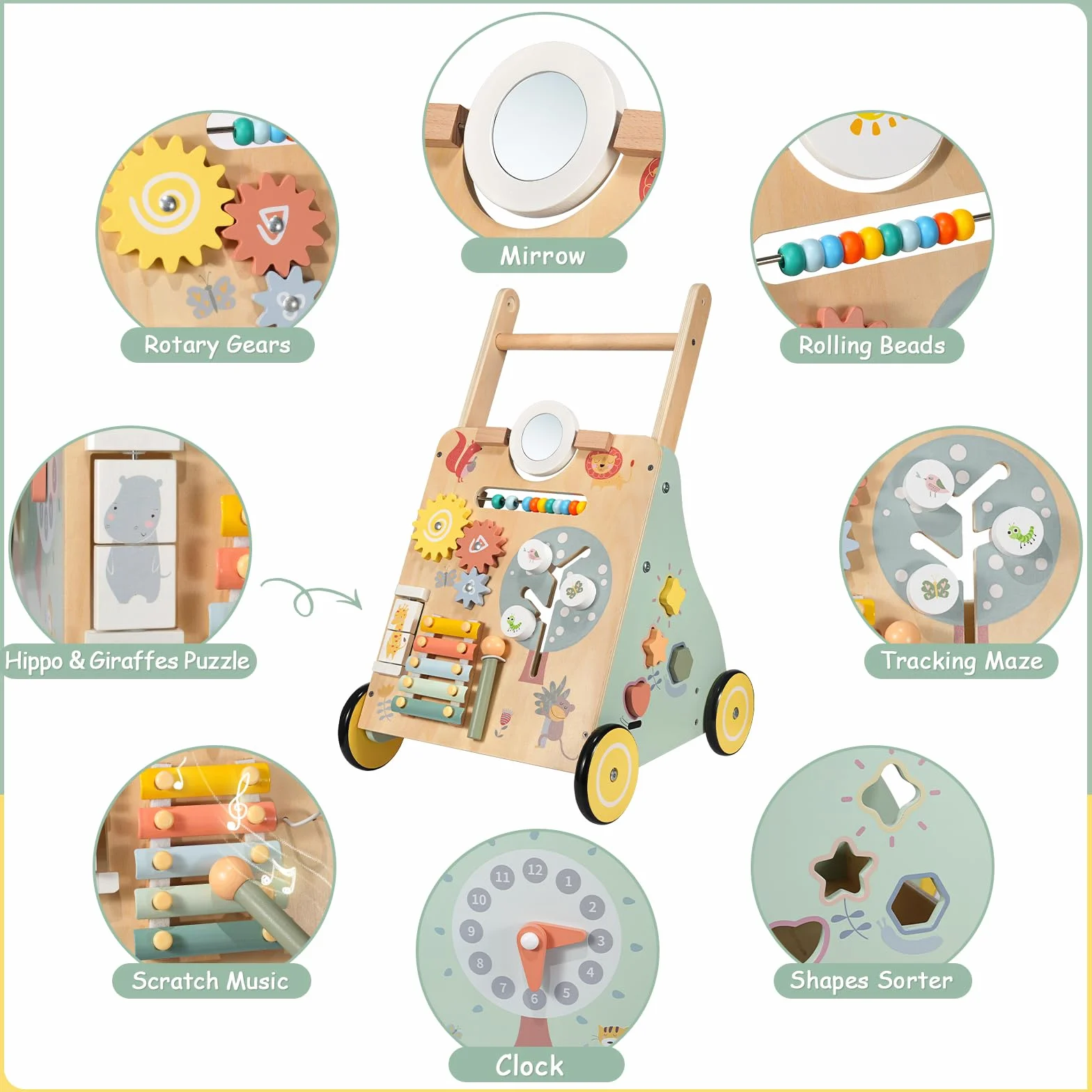 Girello per Bambini di Legno, Carrello Primi Passi Legno con 8 Giochi Interattivi, Giocattoli Bambino 1 Anno, Primi Passi per Bambini, Baby Walker Regali di Natale e Compleanno