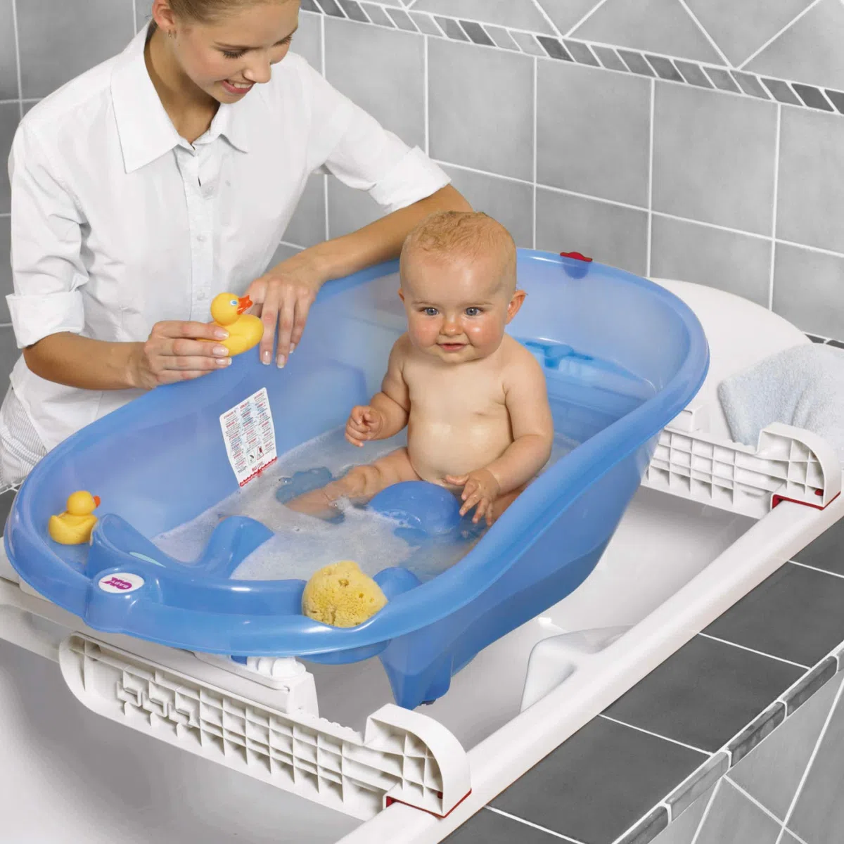 OKBABY Onda Evolution con Barre di Supporto - Vaschetta dal Design Ergonomico per il Bagnetto del Neonato 0-12 Mesi - Blu