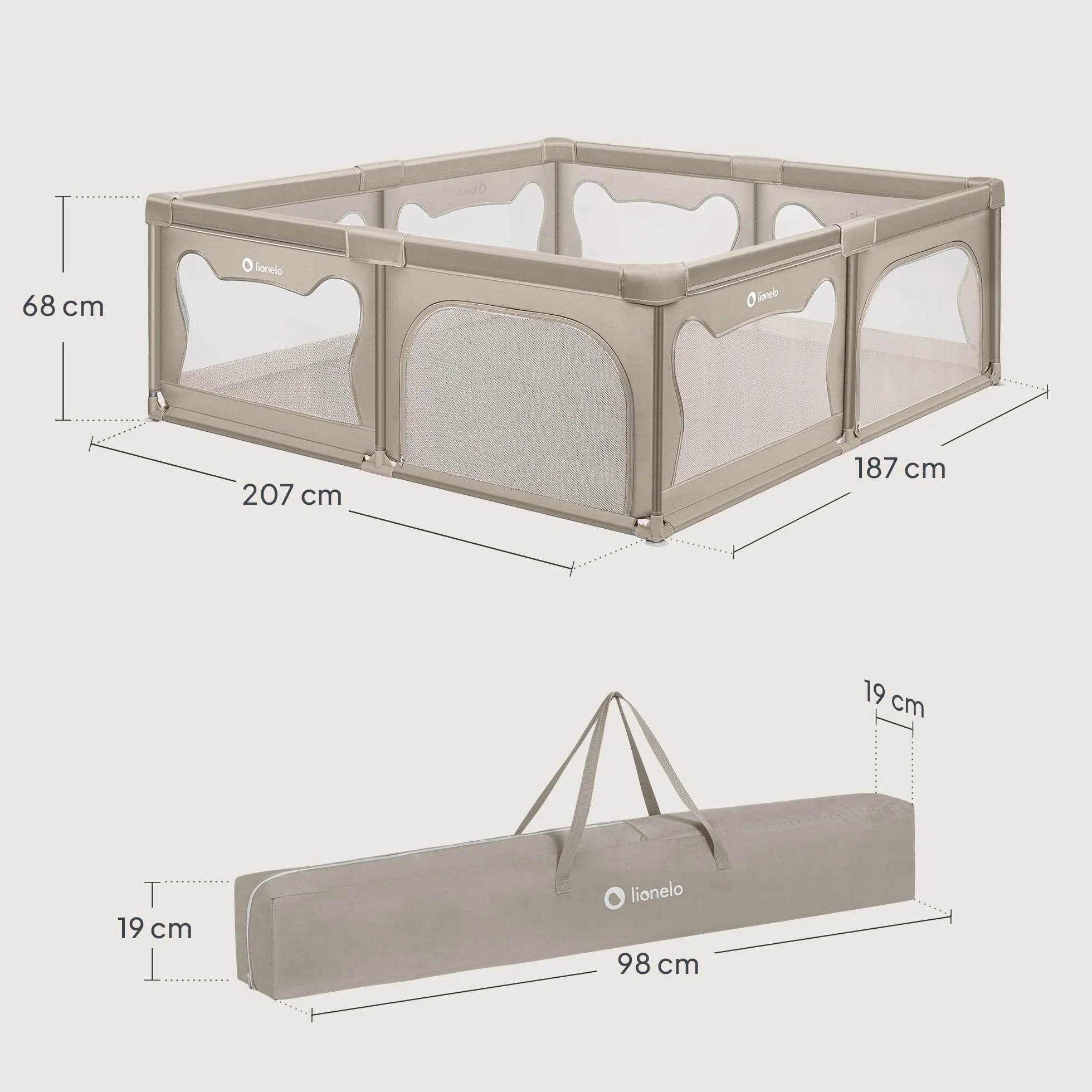 LIONELO WILLOW XL Box Pieghevole Per Bambini 0-48 Mesi Rete Traspirante 207x187 cm Beige