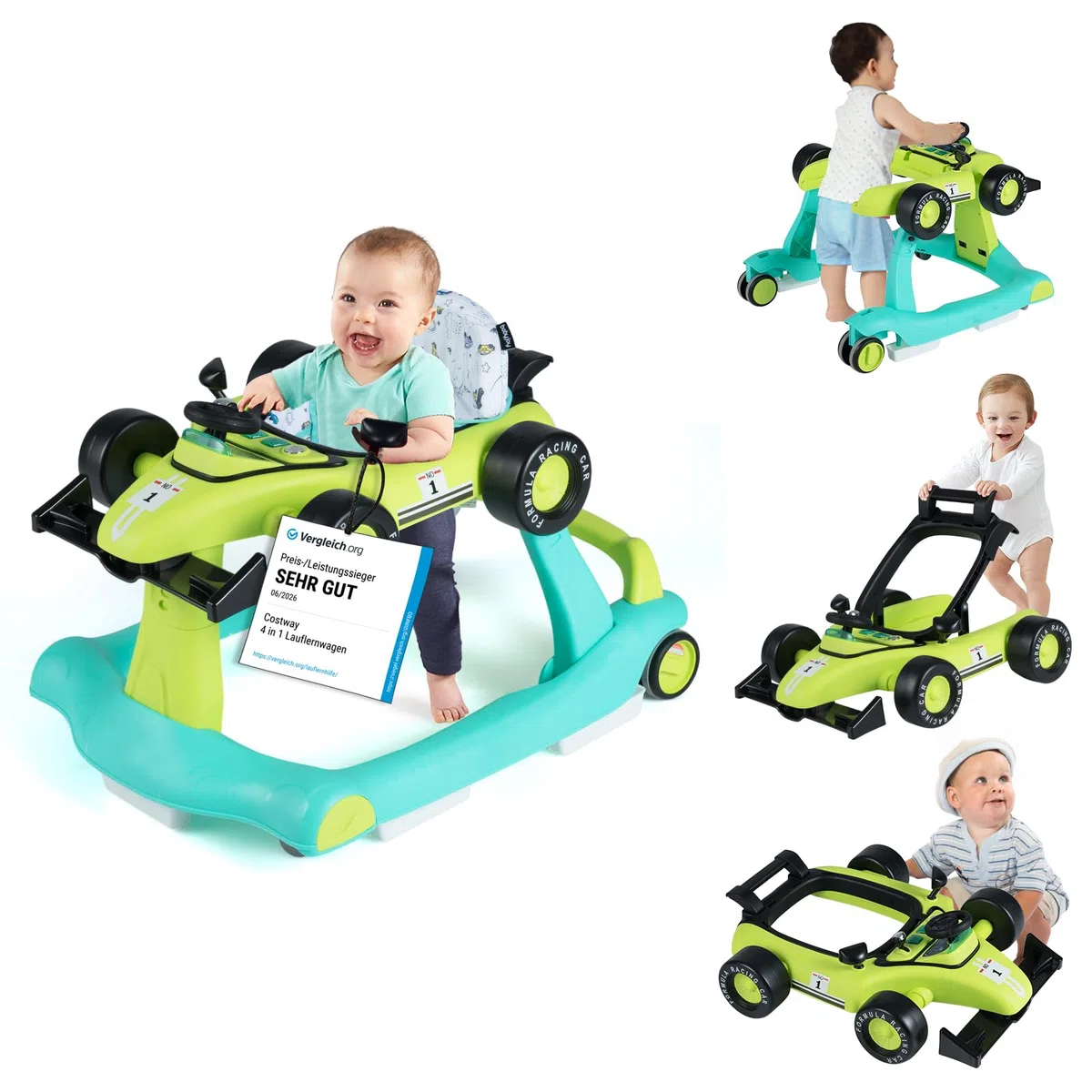 COSTWAY Girello per Bambini 4 in 1, Girello Pieghevole con Altezza e Velocità Regolabili, Carillon con Luci, Volante, Primi Passi per Bambini 6-18 Mesi, Portata 12 kg (Verde)