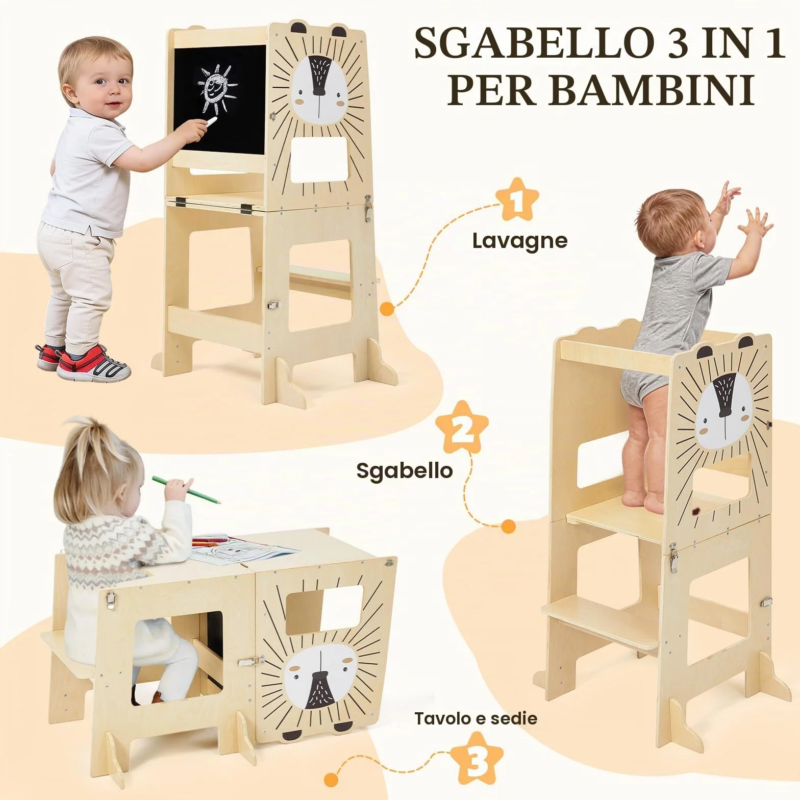 Labebe Torre Montessoriana Pieghevole in Legno 98 cm 3 in 1 Scrivania e Sedia per Bambini con Lavagna