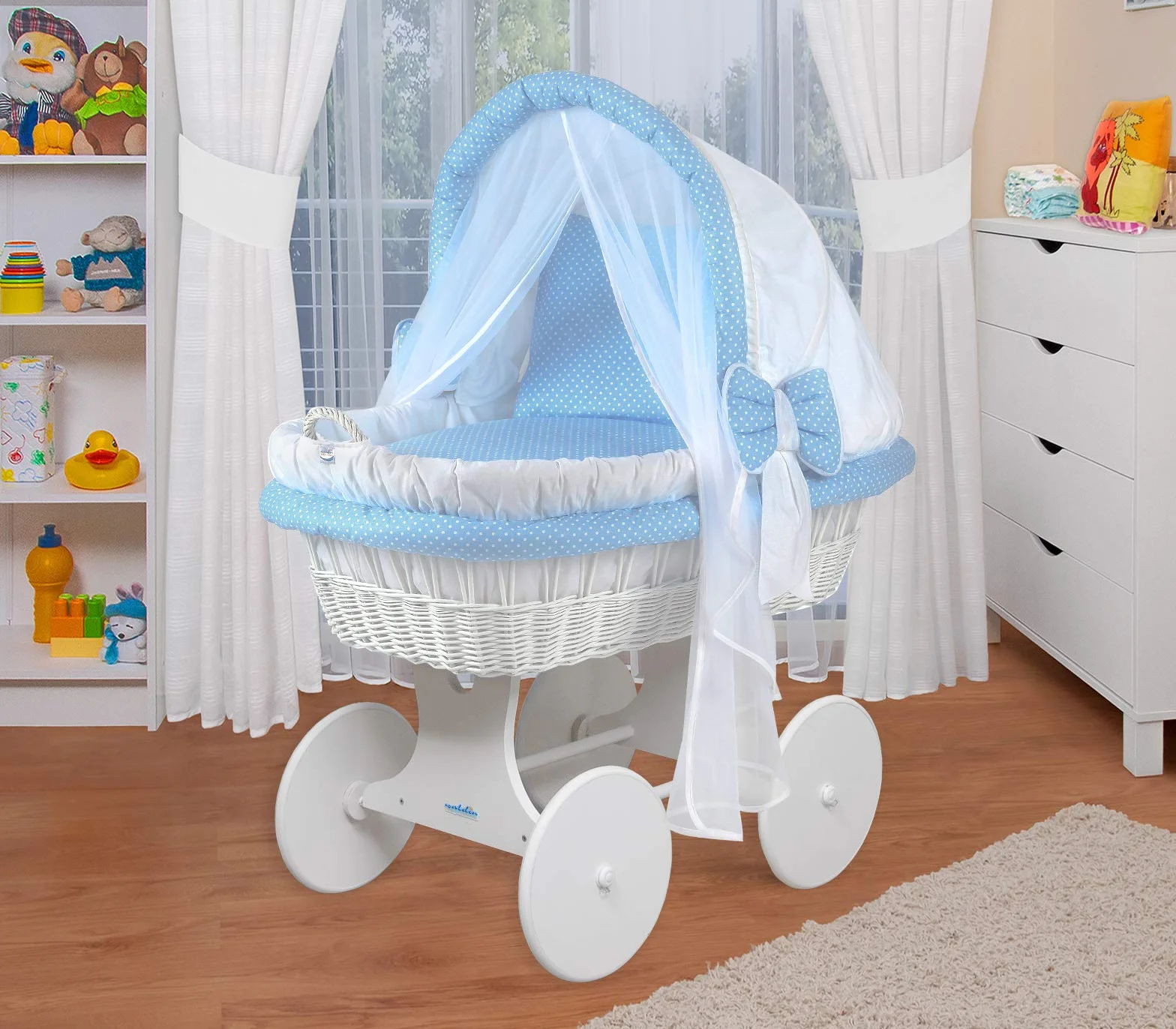 WALDIN Culla con cappotta e ruote XXL, telaio bianco, tessile bianco/blu