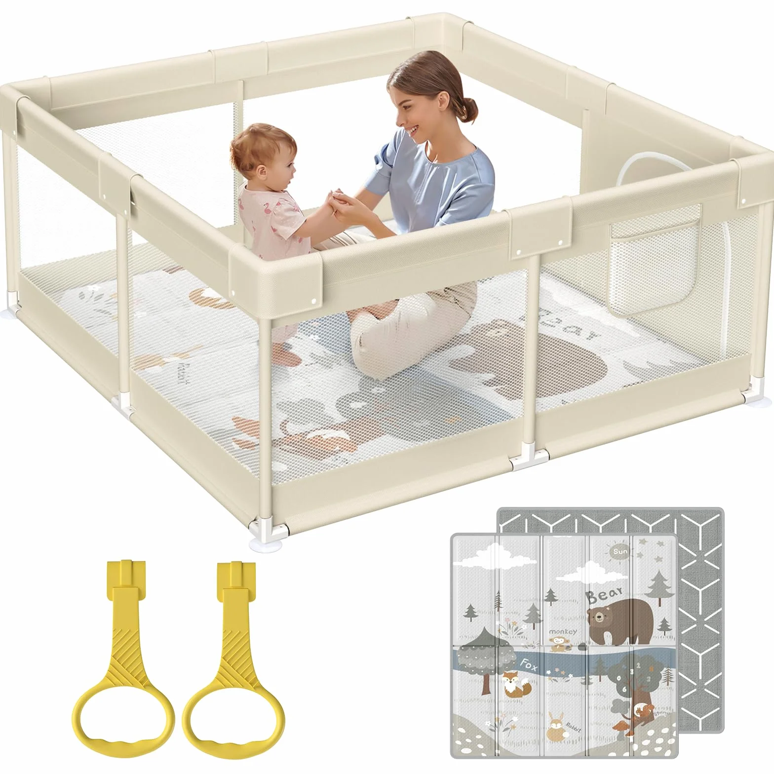 Fodoss box recinto morbido per bambini, neonato, 120x120cm, con Rete Traspirante Sui Quattro Lati e Ventose-beige