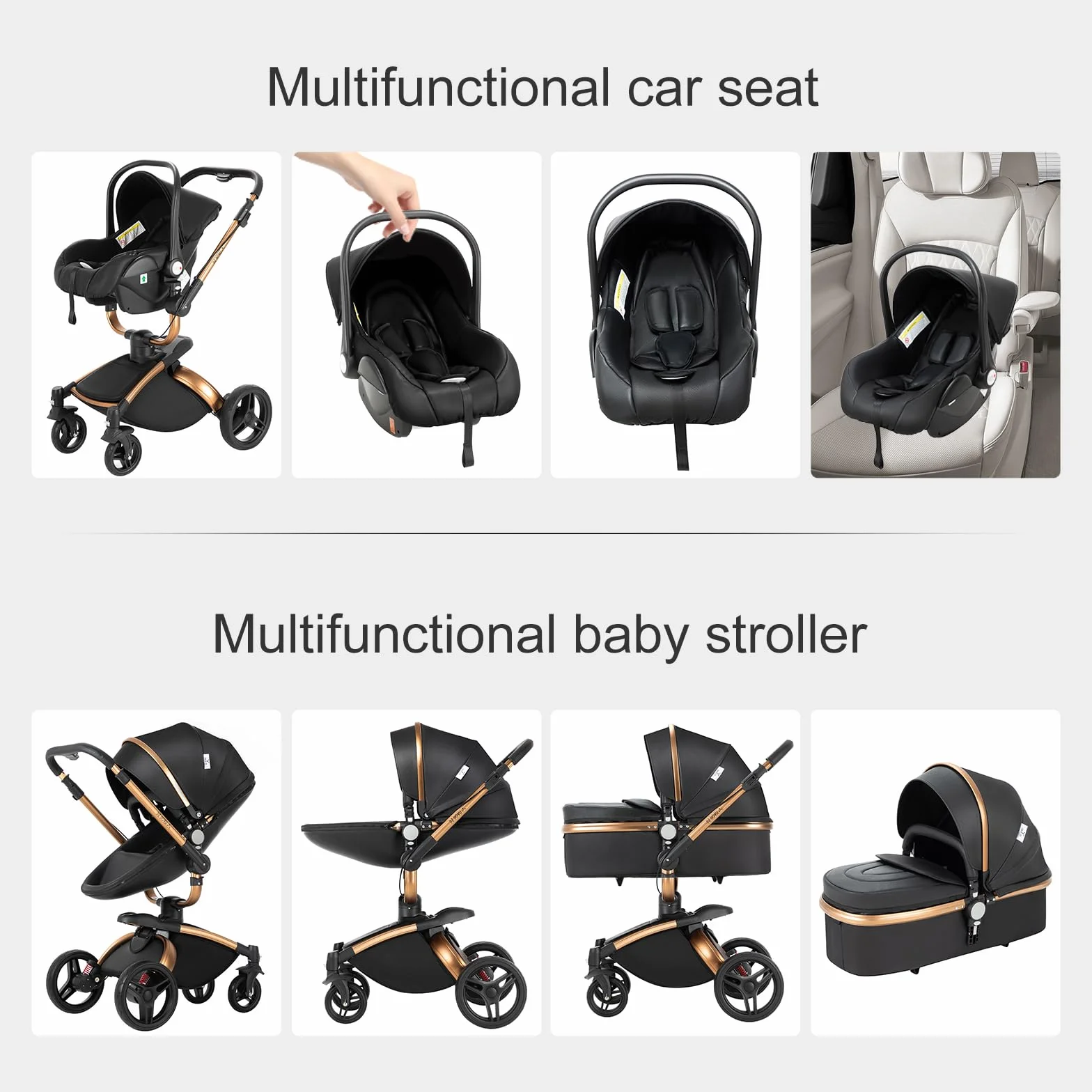 Passeggino Trio 3 in 1 360° Rotazione Pelle PU con Telaio Alluminio (906 Black)