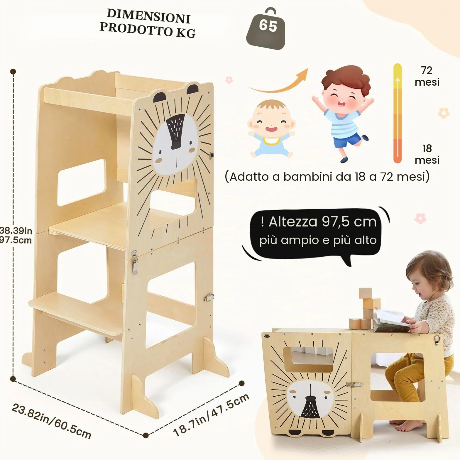 Labebe Torre Montessoriana Pieghevole in Legno 98 cm 3 in 1 Scrivania e Sedia per Bambini con Lavagna