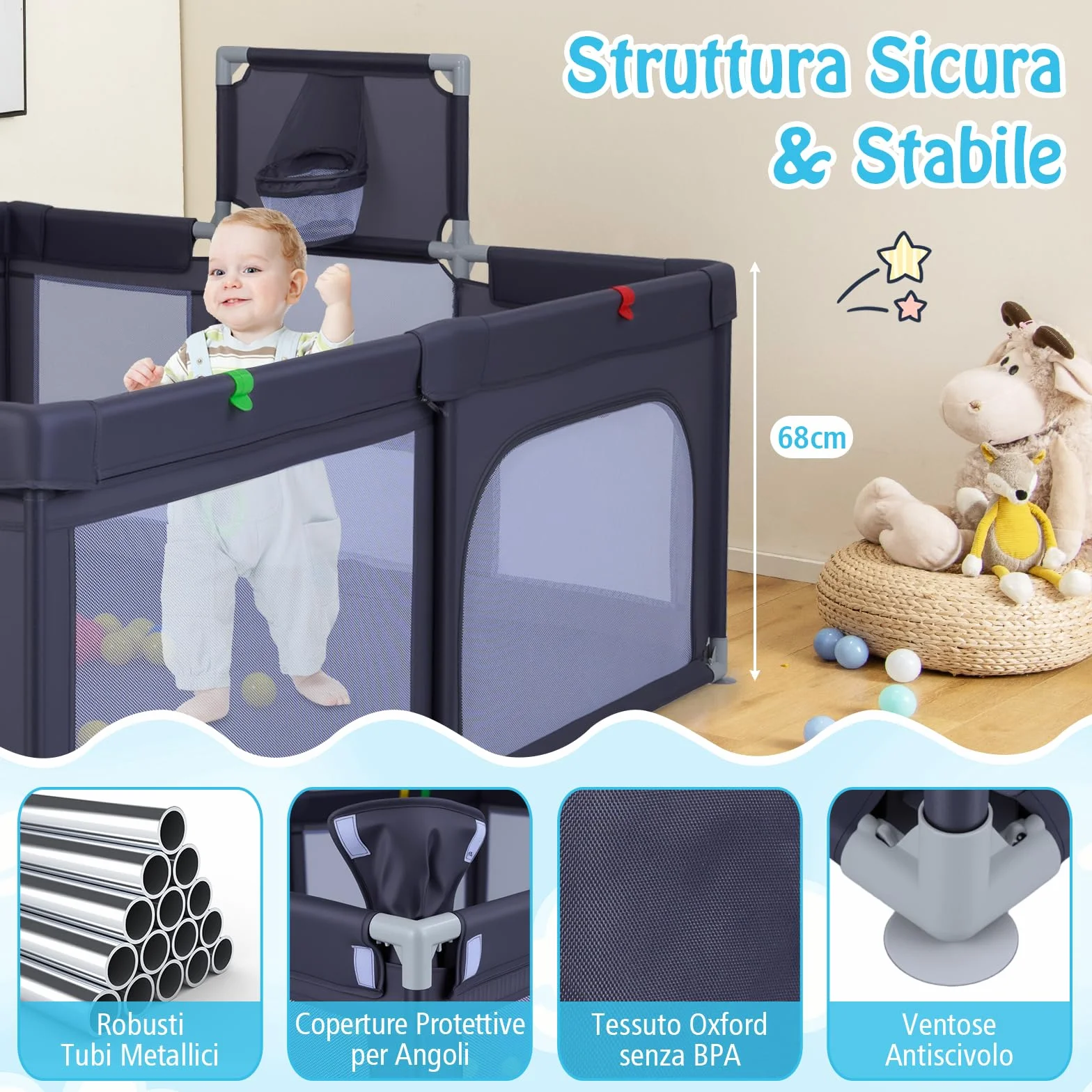 COSTWAY Box Neonati 210x150 cm Recinto Bambini Pieghevole con Canestro Basket 2 Porte Calcio Parco Giochi 50 Palline 4 Anelli Borsa Trasporto Grigio Scuro