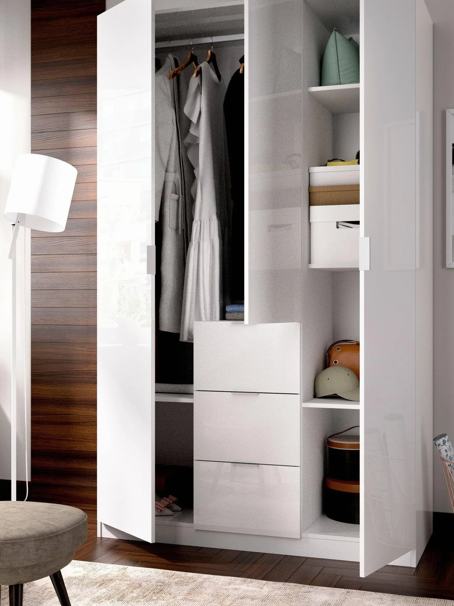 Dmora Guardaroba Falterona Armadio 3 ante battenti 3 cassetti 135x52h204 cm Bianco