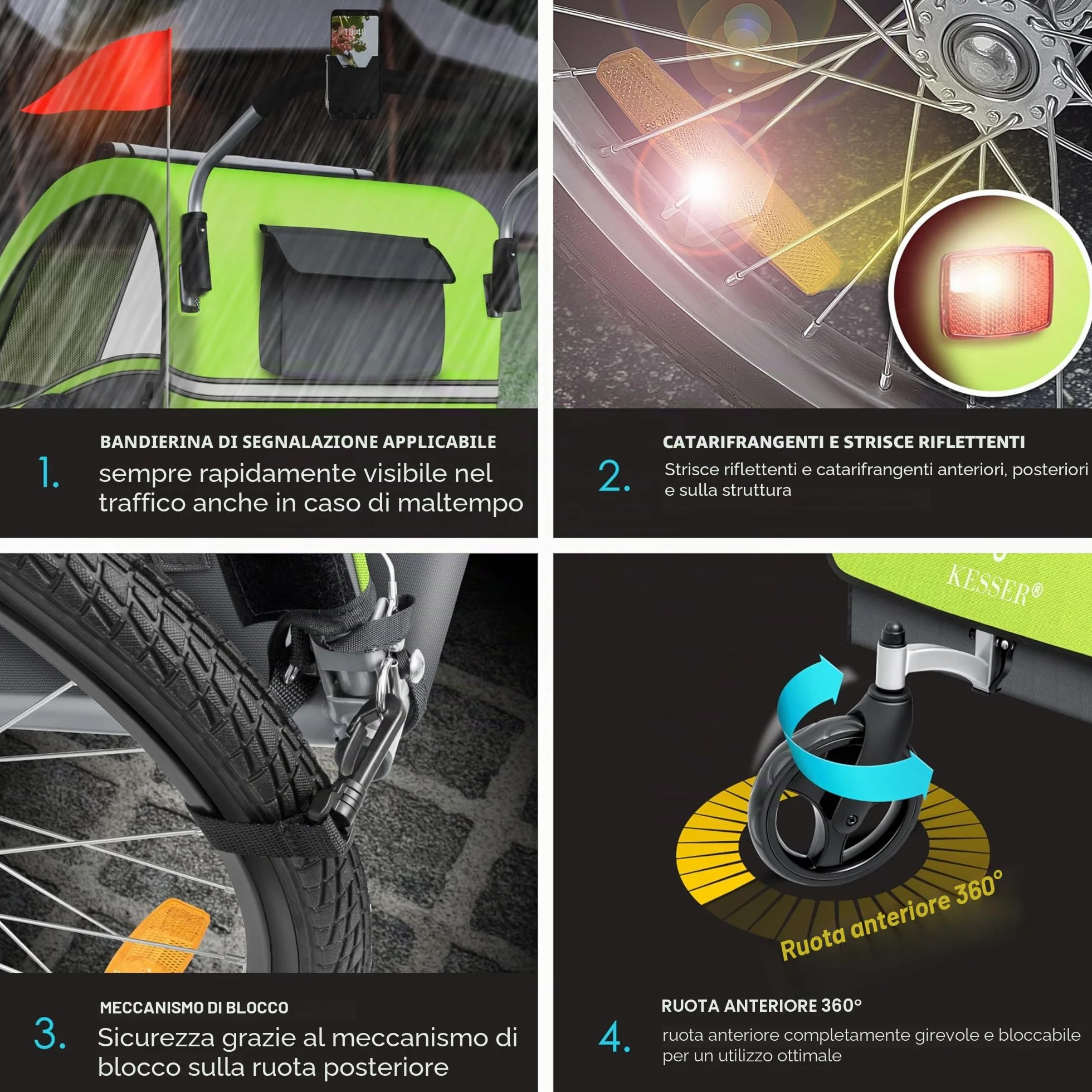 KESSER® Rimorchio per bambini da bicicletta Sport-RX 2 in 1 funzione jogging cintura di sicurezza a 5 punti ruota anteriore girevole 360°