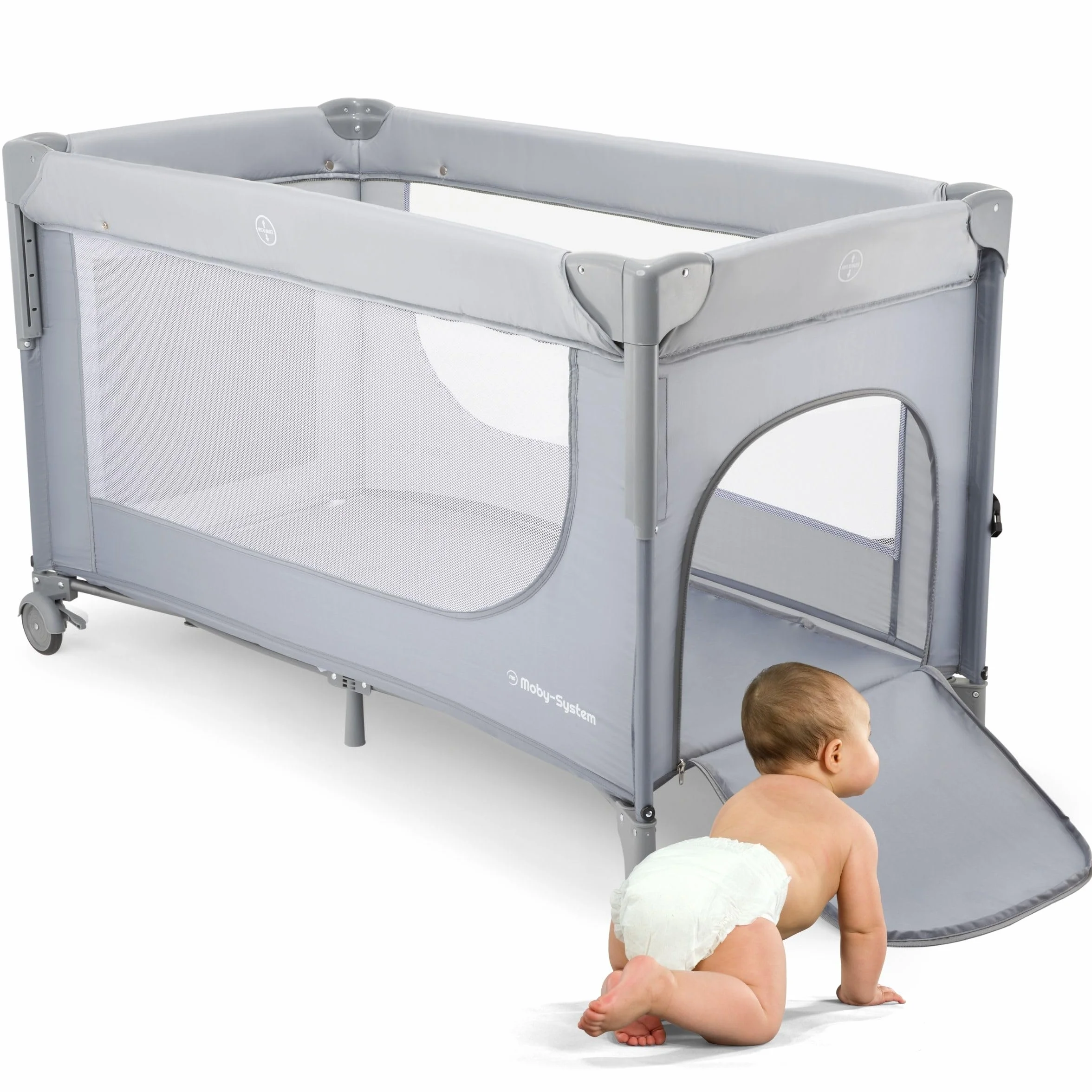 Moby-System Lettino da Viaggio 3 in 1 Box Bambini Recinto Neonati Fasciatoio Materasso Ruote Letto Pieghevole Regolabile 126x66cm Borsa Trasporto