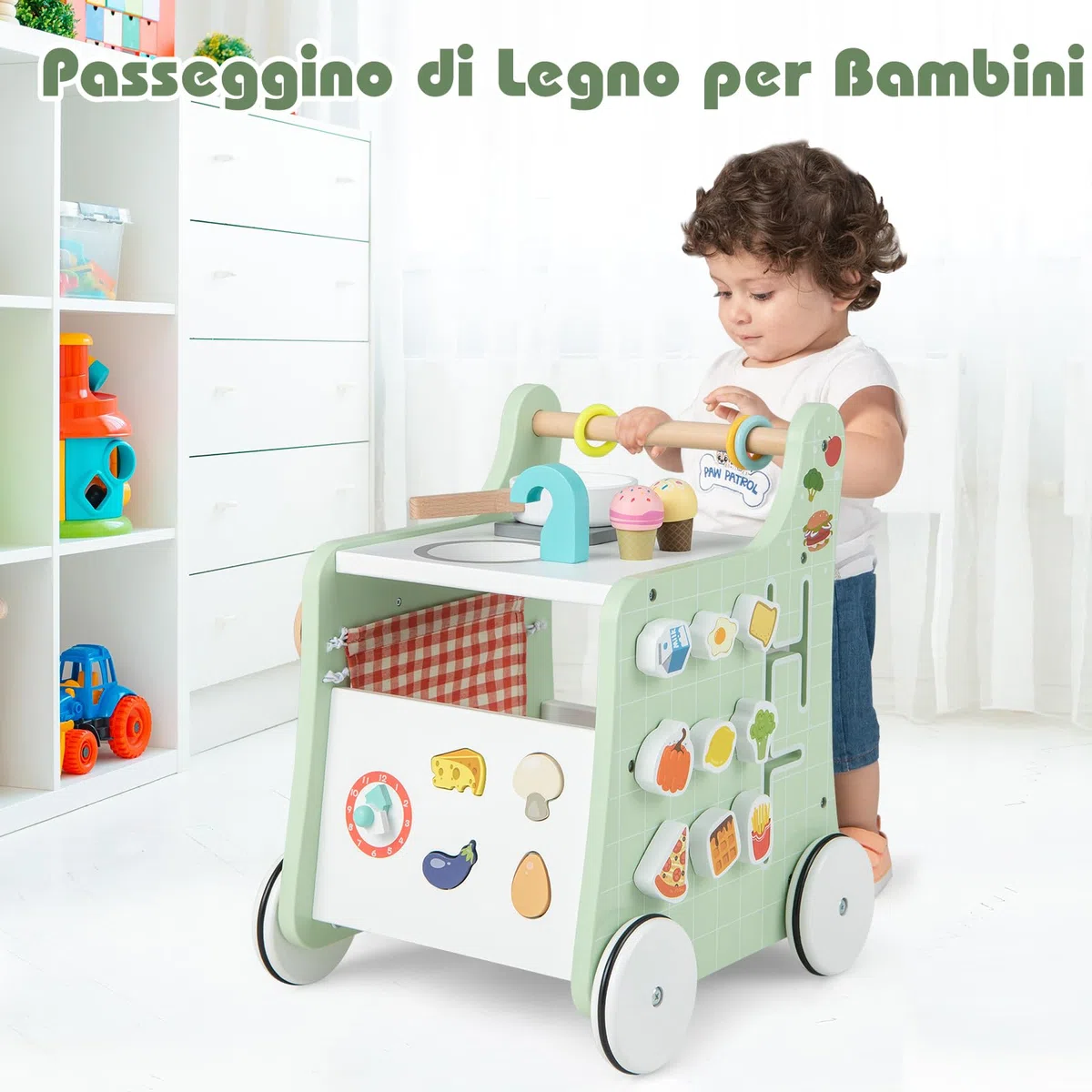 COSTWAY Carrello Primi Passi in Legno per Bambini, Centro Attività Montessori con Giacattoli, Gioco Educativo con Ruote, Girello per Bambini 12 Mesi +, 31 x 34,5 x 42 cm (Verde)