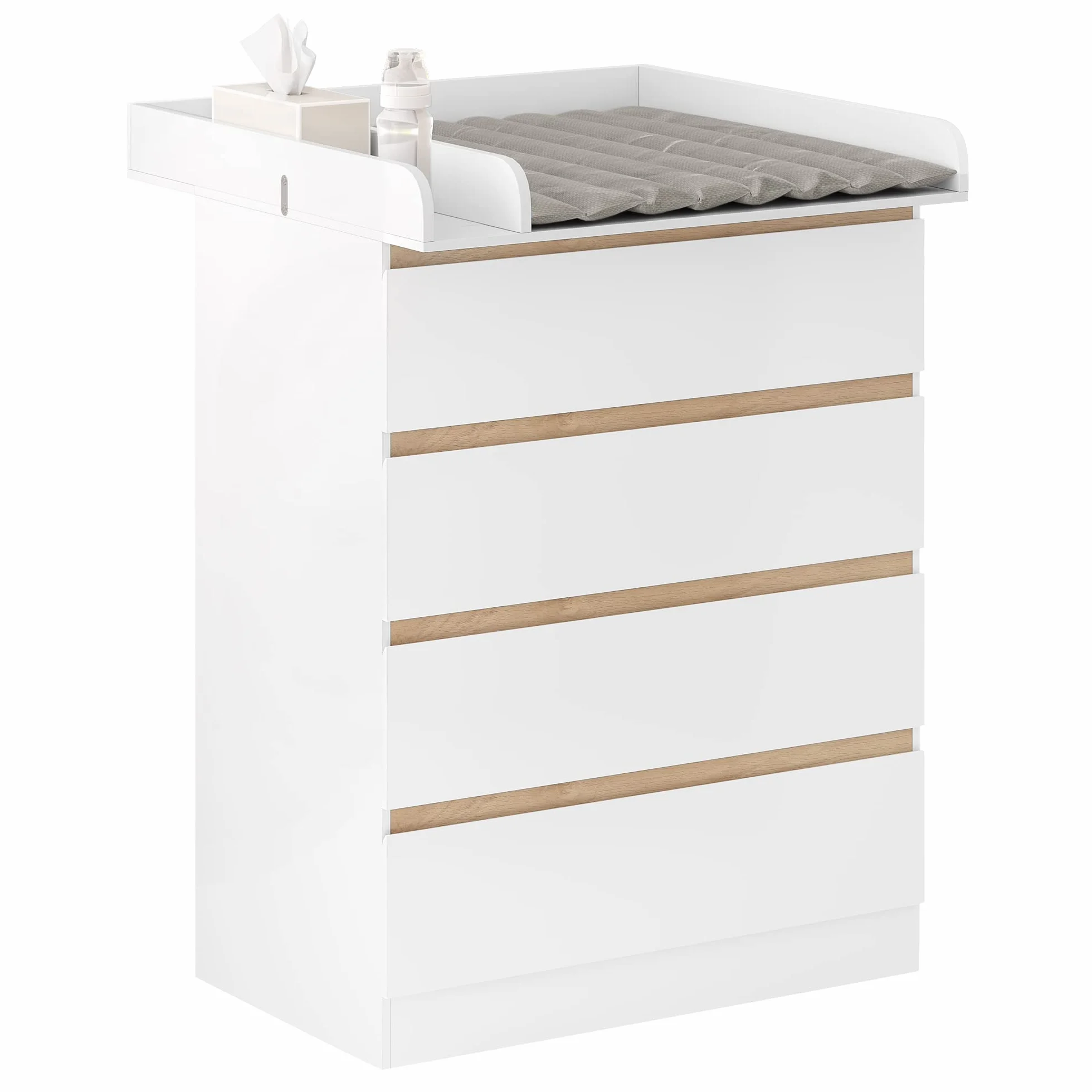 WOLTU Mobile Fasciatoio per Bambini, Cassettiera 4 Cassetti, Bianco+Rovere