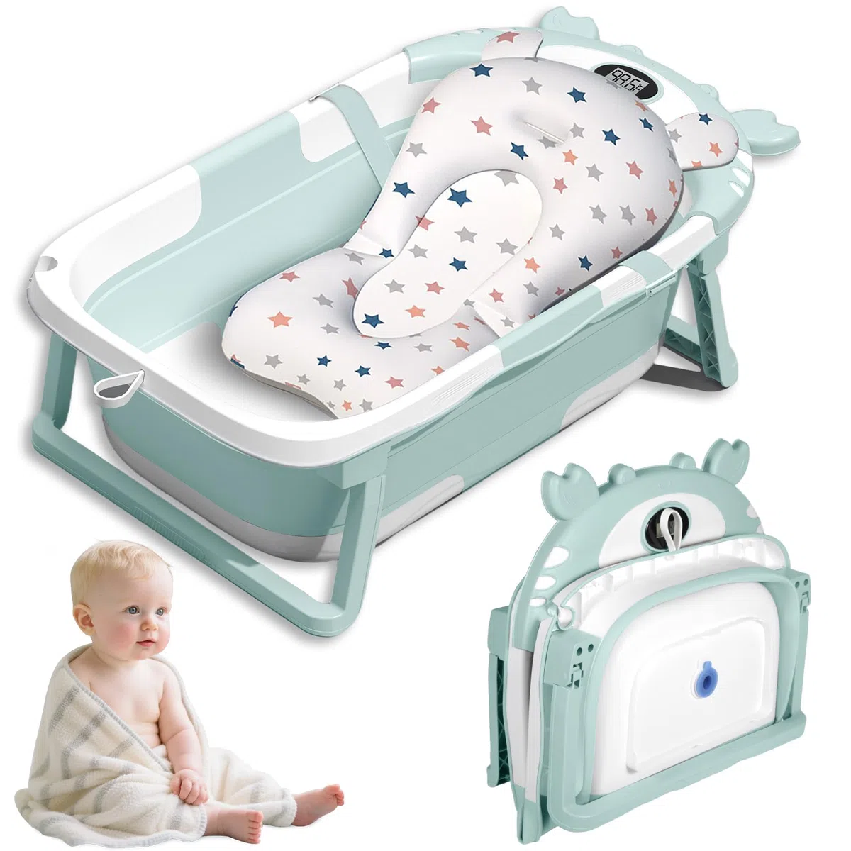 Vaschetta Bagnetto Neonato Pieghevole, Vaschetta Bagnetto Neonato con Termometro E Cuscino Staccabile, Riduttore Vaschette Bagnetto 0-36 Mesi (Verde)