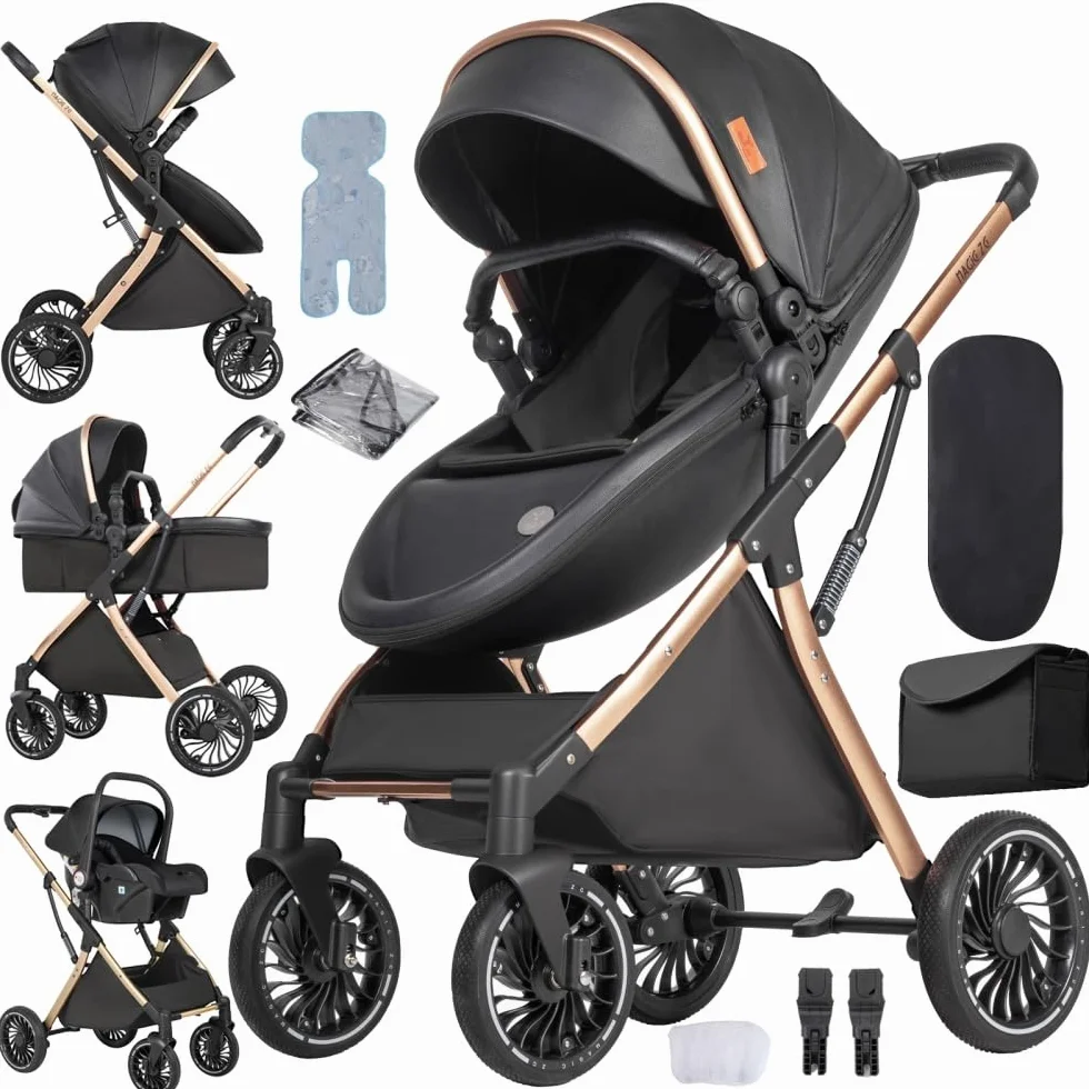Passeggino 3 in 1 pieghevole reclinabile per neonati e bambini piccoli, ruote per tutti i terreni, con accessori (Nero)