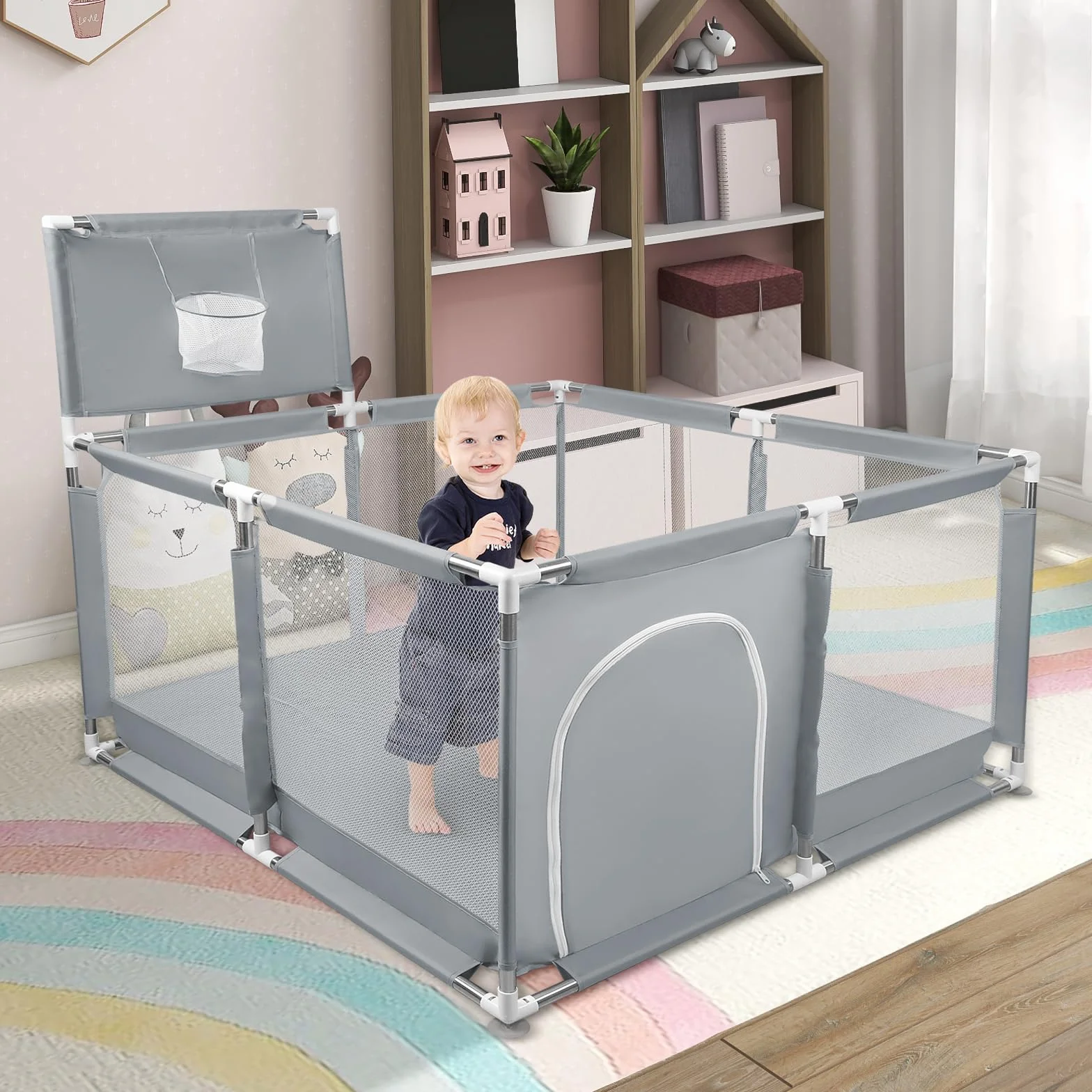 Box per Bambini, Recinto per Bambini Pieghevole in Tessuto Oxford con Rete Traspirante, Box per Neonati con Giochi che Include 50 Palline (126 x 126 x 66 cm, grigio scuro)