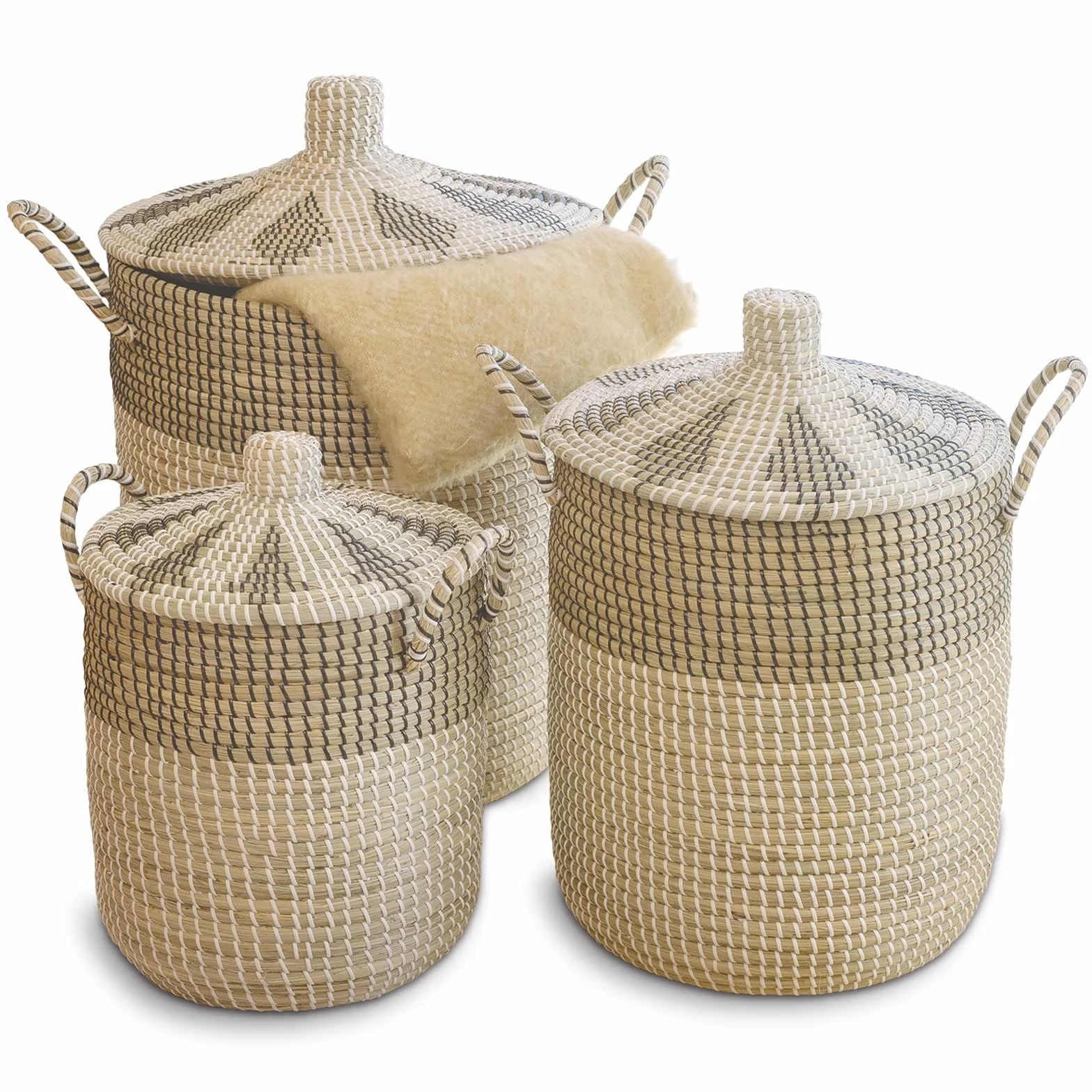 3 Set di cesti per biancheria intrecciati con coperchio, di varie dimensioni 76L+43L+26L, cesto con tasche e manici, cesti portaoggetti in zostera realizzati a mano, per biancheria o coperte in bagno