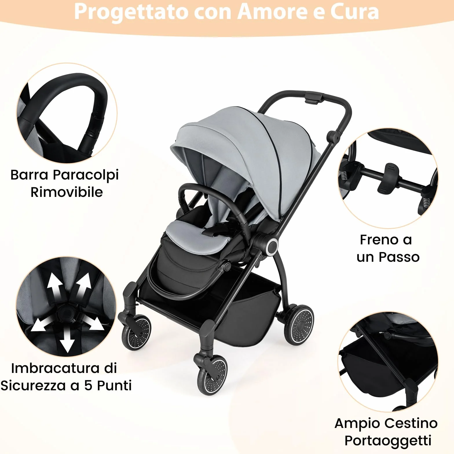 COSTWAY Passeggino per Bambini Reversibile Pieghevole con Schienale Reclinabile, 0-36 Mesi, 15 kg Grigio