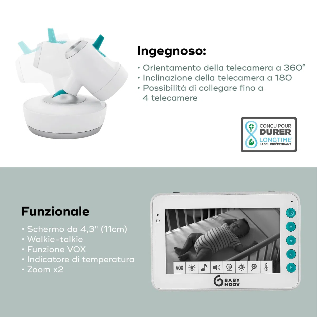 Babymoov Yoo Moov Baby Monitor Video Motorizzato 360°, Tutto in Uno, Bianco