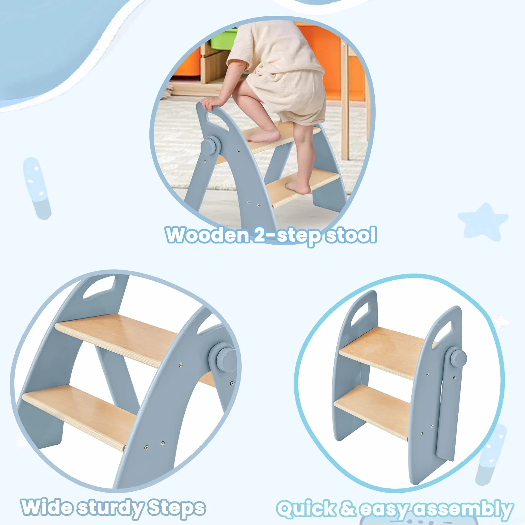 Sgabello di Legno per Bambini 2 Gradini Pieghevole, Capacità 130 kg con Tappetino Antiscivolo e Maniglie, Blu