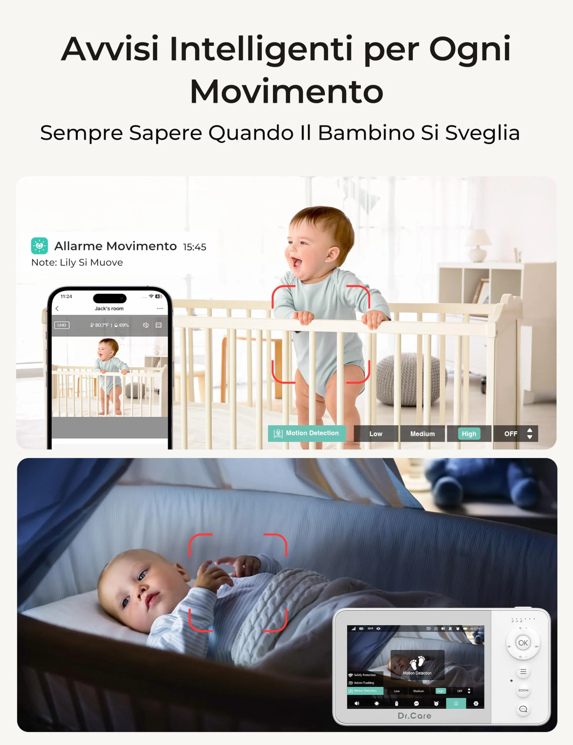 Dr.Care Baby Monitor Video e Audio Smart WiFi con Schermo Diviso 4" 720P e Telecamera 1080P, Visione Notturna HD, Audio Bidirezionale (2 Telecamere + 1 Monitor)