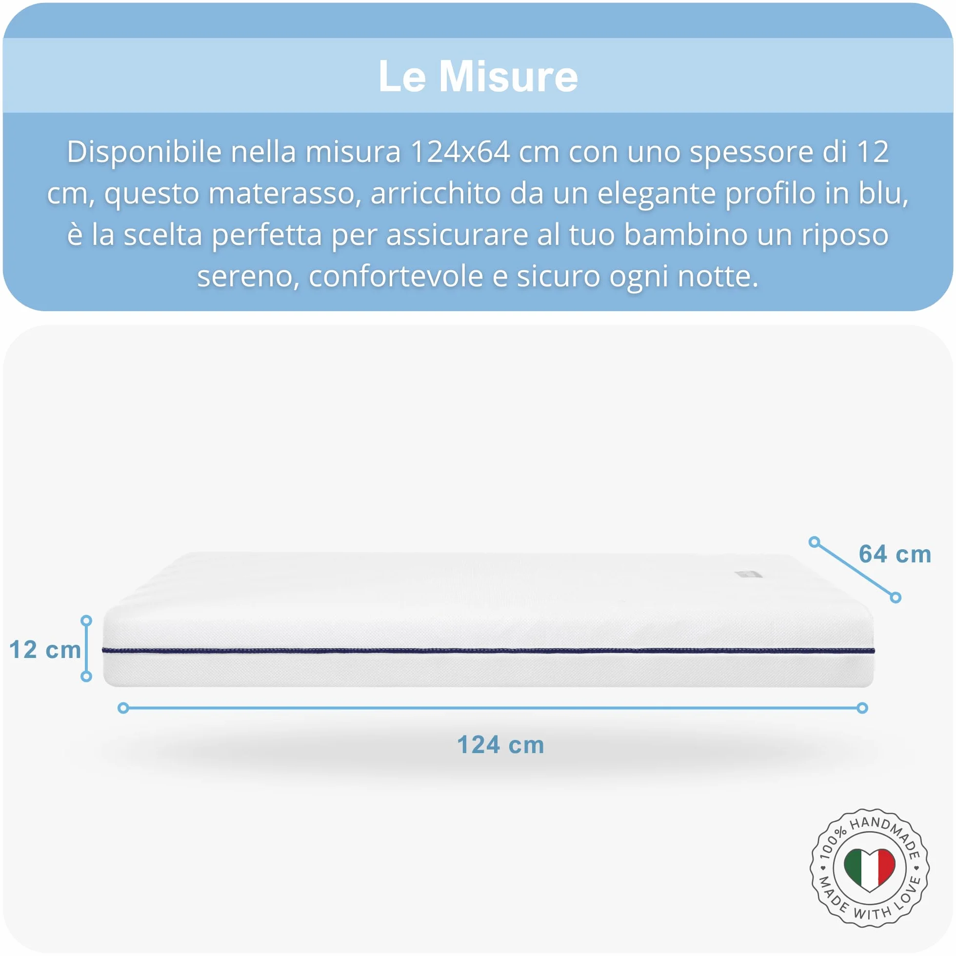 baby idea Materasso Lettino Neonato Antisoffoco Sfoderabile a Norma EN16890:2017+A1:2021 Lavabile Materasso Culla Neonato Ipoallergenico, Ergonomico per tutte le Stagioni (Bianco/Blu, 64x124)