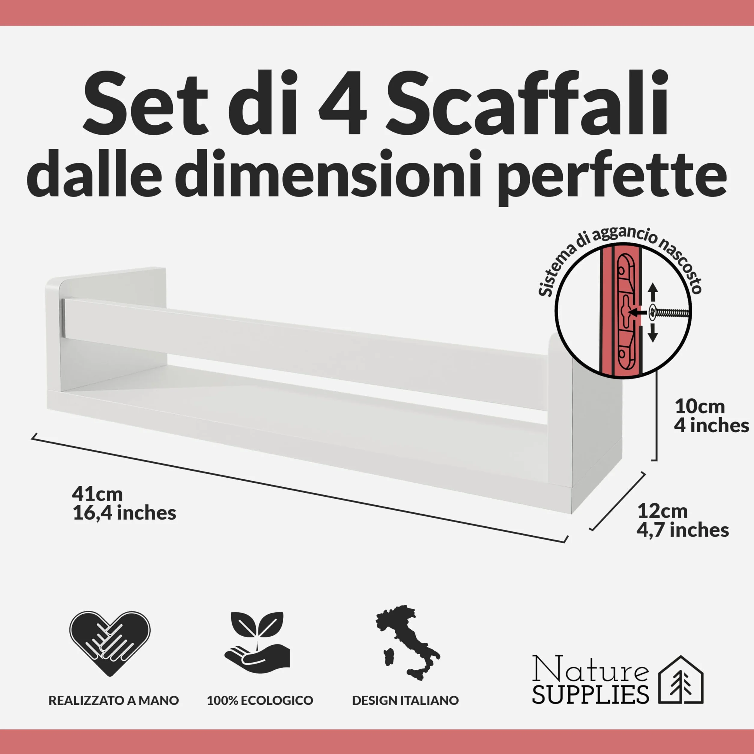 NATURE SUPPLIES Set di 4 Mensole Bianche 41 cm Libreria Galleggiante da Parete per Cameretta
