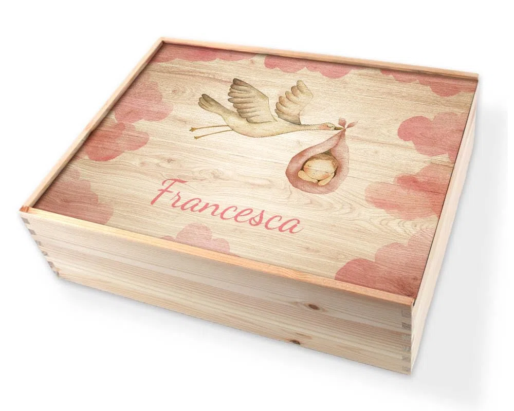 Memory Box Baby Scatola di Legno Personalizzata 36 x 27 x 10 cm Vari Motivi per Nascita e Battesimo Scatola Regalo di Grandi Dimensioni con Coperchio personalizzato (Personalizzata nascita/bambini)