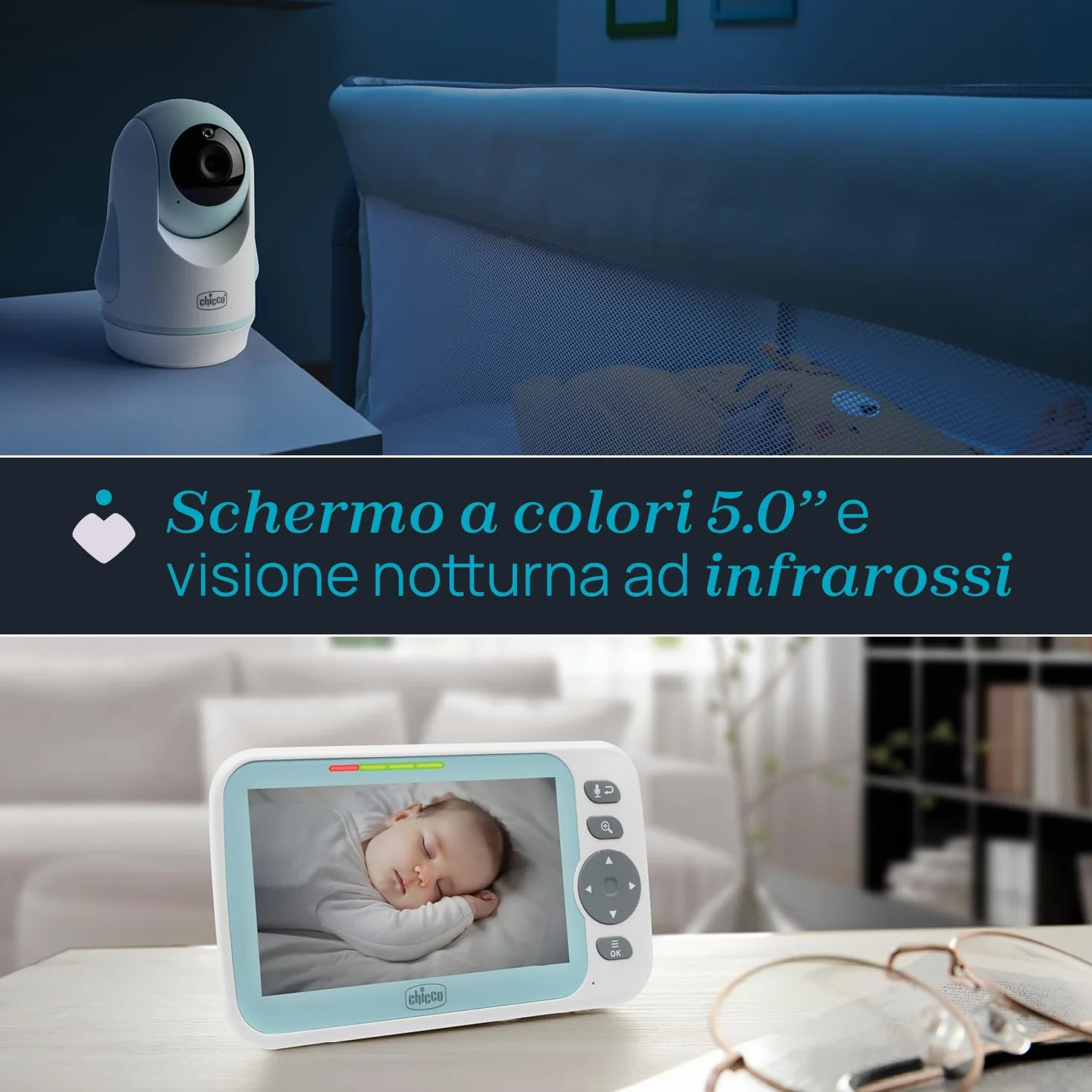 Chicco Baby Monitor Video Evolution 5" Telecamera Rotante Schermo a Colori 220m Termometro Suoni Bianchi No WIFI