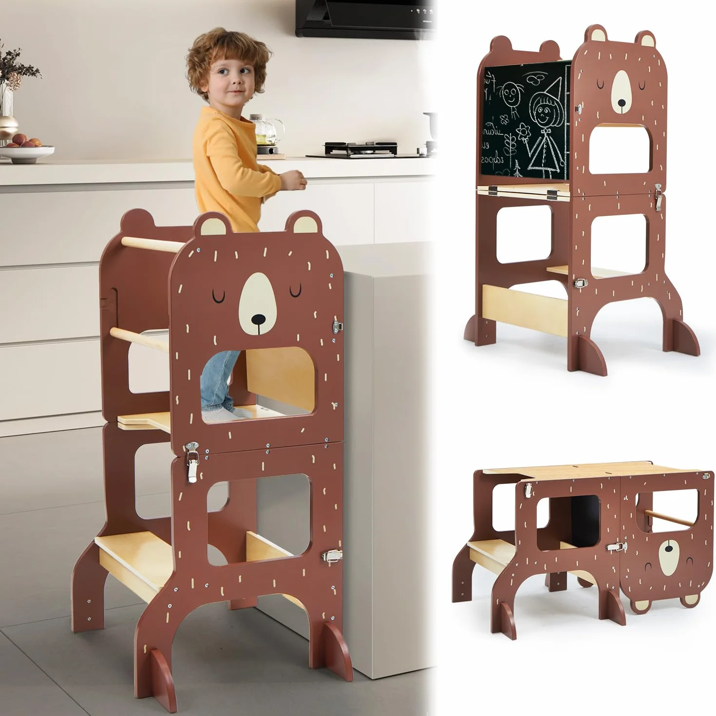 Labebe Torre Montessoriana Pieghevole in Legno 3 w 1 z Lavagna Orso Bruno
