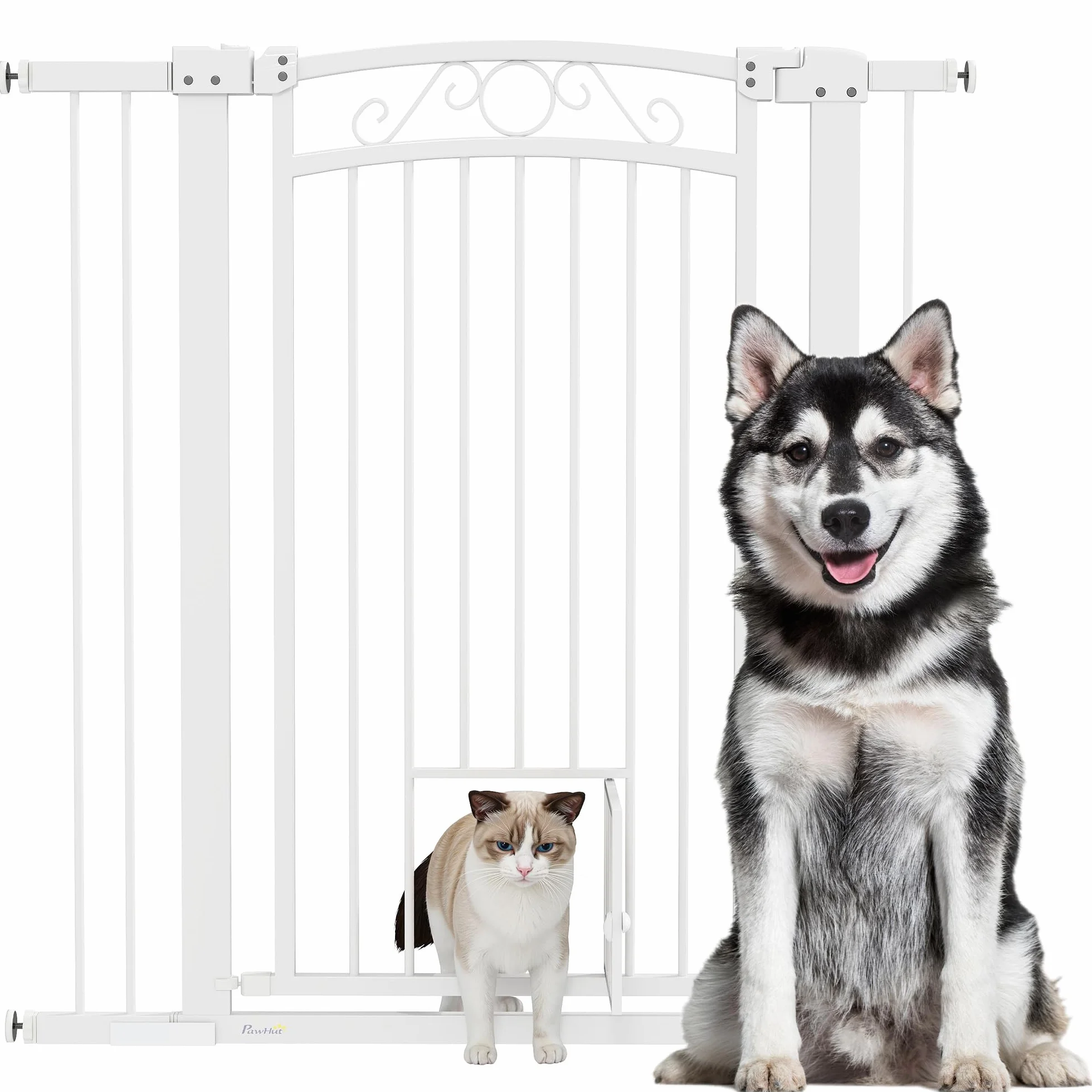 PawHut Cancelletto di Sicurezza per Cani da Interno 76-104 cm con Porta per Gatti, Alto 106 cm, Bianco