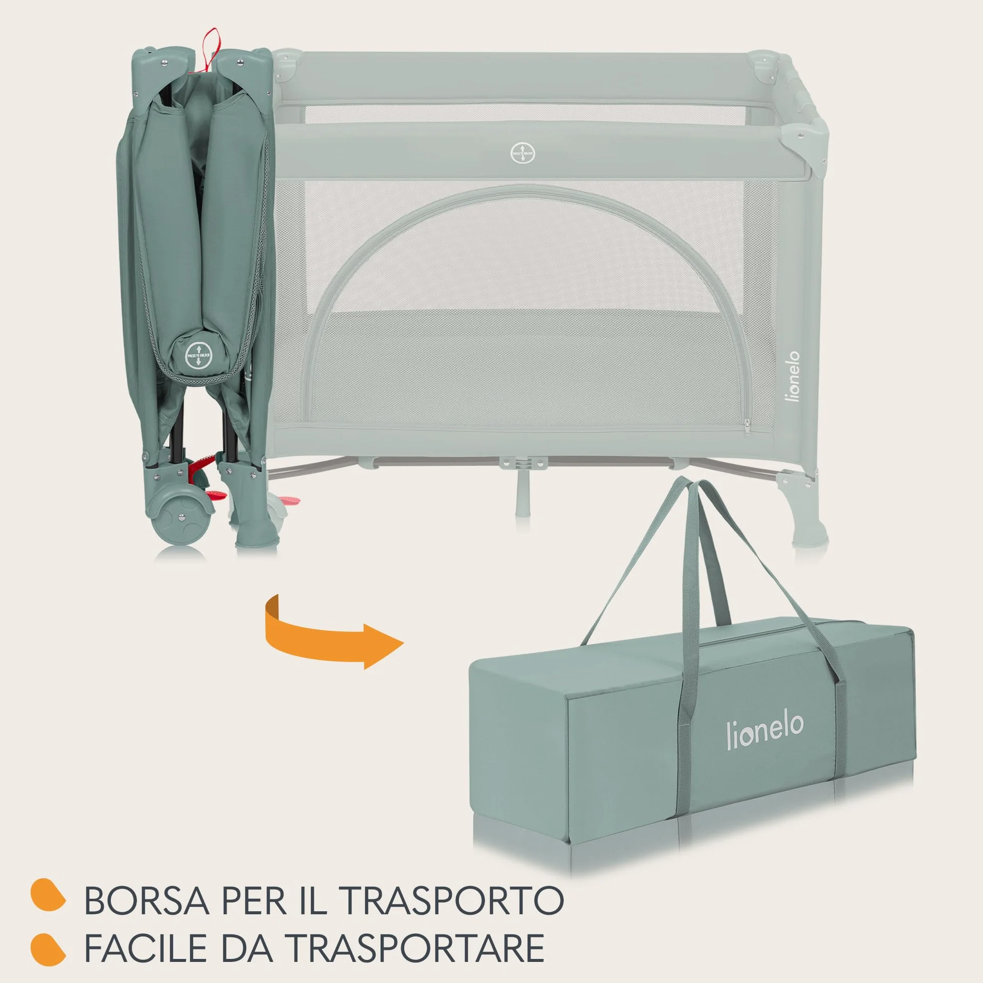 Lionelo LAURA Lettino da viaggio 2 in 1 fino a 15 kg per bambini 0-36 mesi Materassino in schiuma T25 2 livelli altezza Borsa viaggio Ruote con freno