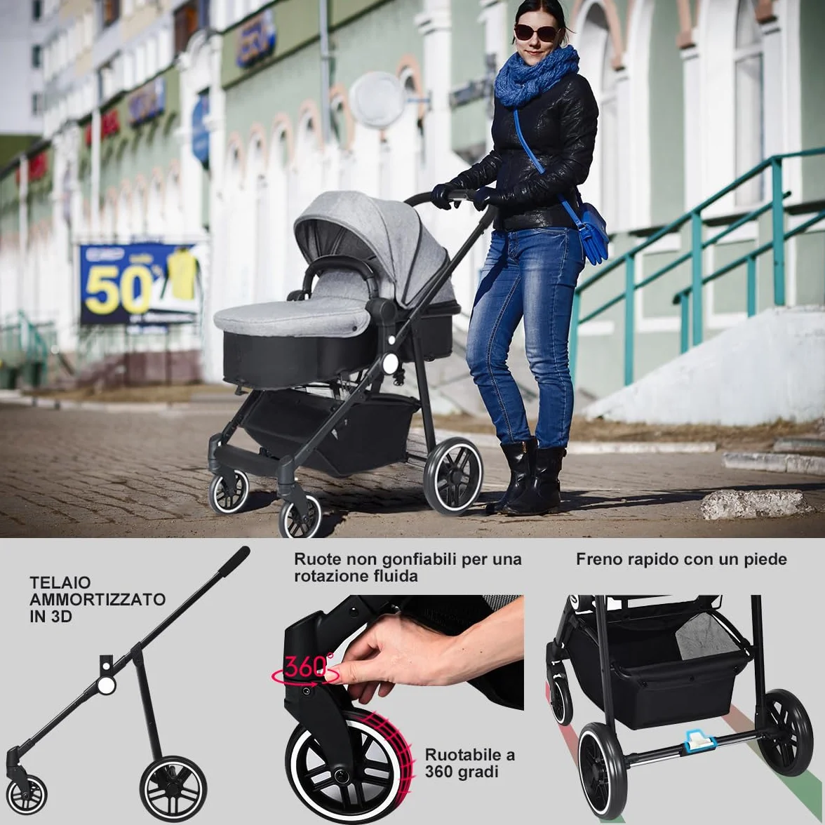 COSTWAY Passeggino 2 in 1 Pieghevole con Sedile Reversibile, Schienale Regolabile, per Bambini 0-3 Anni (Grigio)