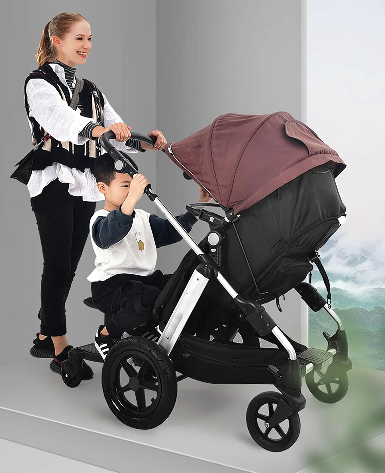 Passeggino universale con sedile, poggiapiedi regolabile per passeggino, con grande superficie, compatibile con quasi ogni passeggino, che può contenere bambini fino a 55 libbre (3-7 anni) (nero)