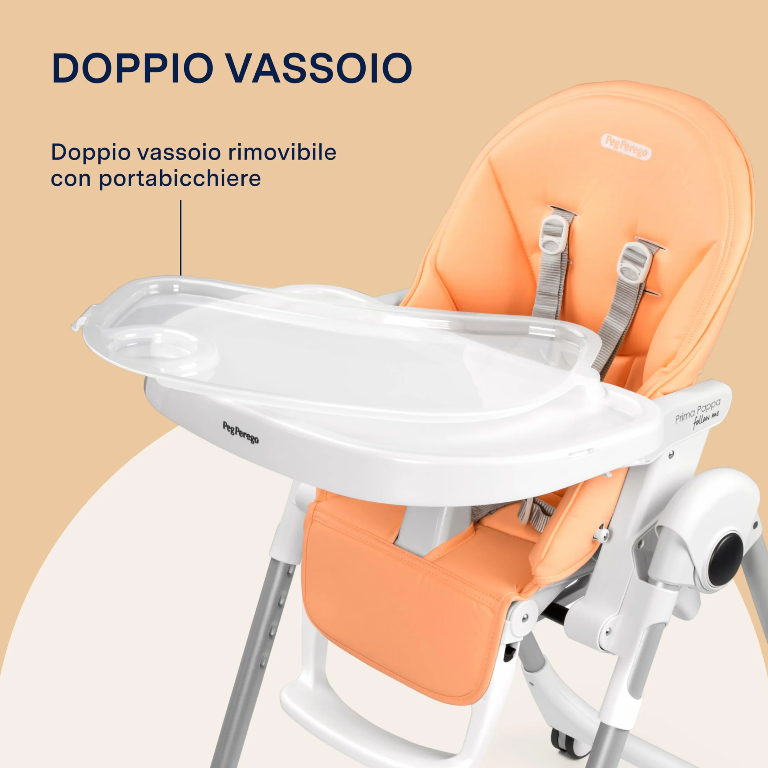 PEG Prima Pappa Follow Me Seggiolone Neonati Reclinabile, Funzione Sdraietta, 4 ruote, Pieghevole, Ultracompatto, 0-3 Anni (0-15 kg), Peach