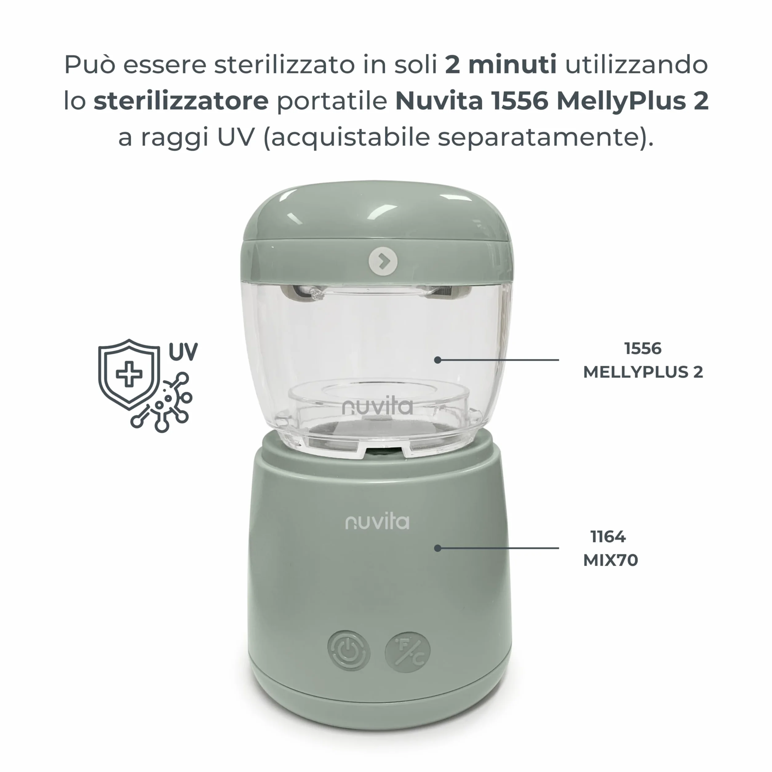 Nuvita 1164 Mix70 Scaldabiberon Portatile 70°C con Funzione Mescolamento, 5 Temperature fino a 70°C, Universale con 6 Adattatori Inclusi, Batteria Ricaricabile, Display LED, Senza BPA
