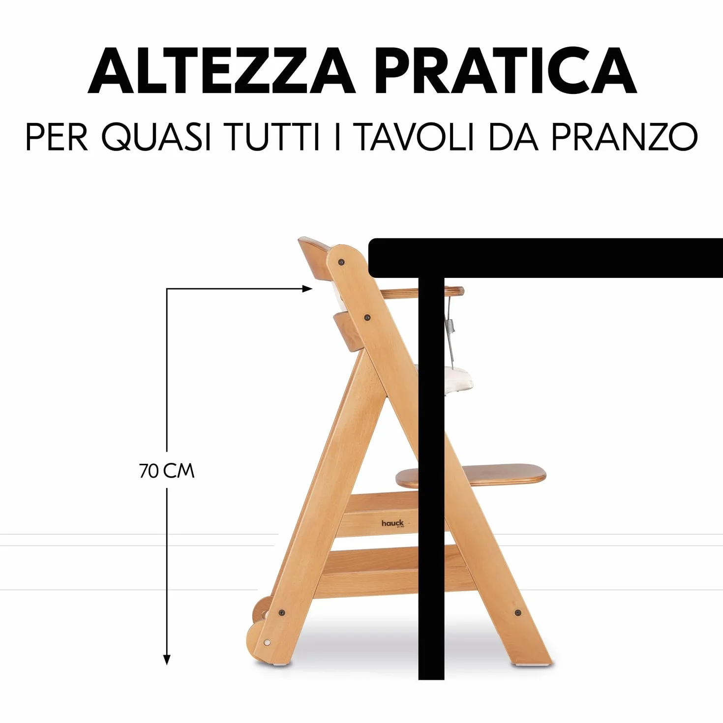 Hauck Beta+ Naturale Seggiolone Pappa con Ruote, Vassoio, Barra Protettiva, Cuscino di Seduta, Cintura a 5 Punti - Legno di Faggio 6 Mesi 90 kg
