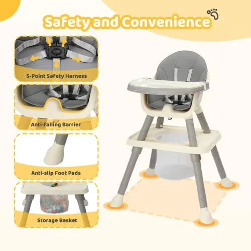BONNLO Seggiolone Evolutivo per Bambini 7 IN 1, Imbottitura Confortevole, Doppio Vassoio, 6 Mesi-3 Anni 6-15 kg, Pieghevole Ultra Compatto, Leggero 4,9 kg, Grigio (Grigio)