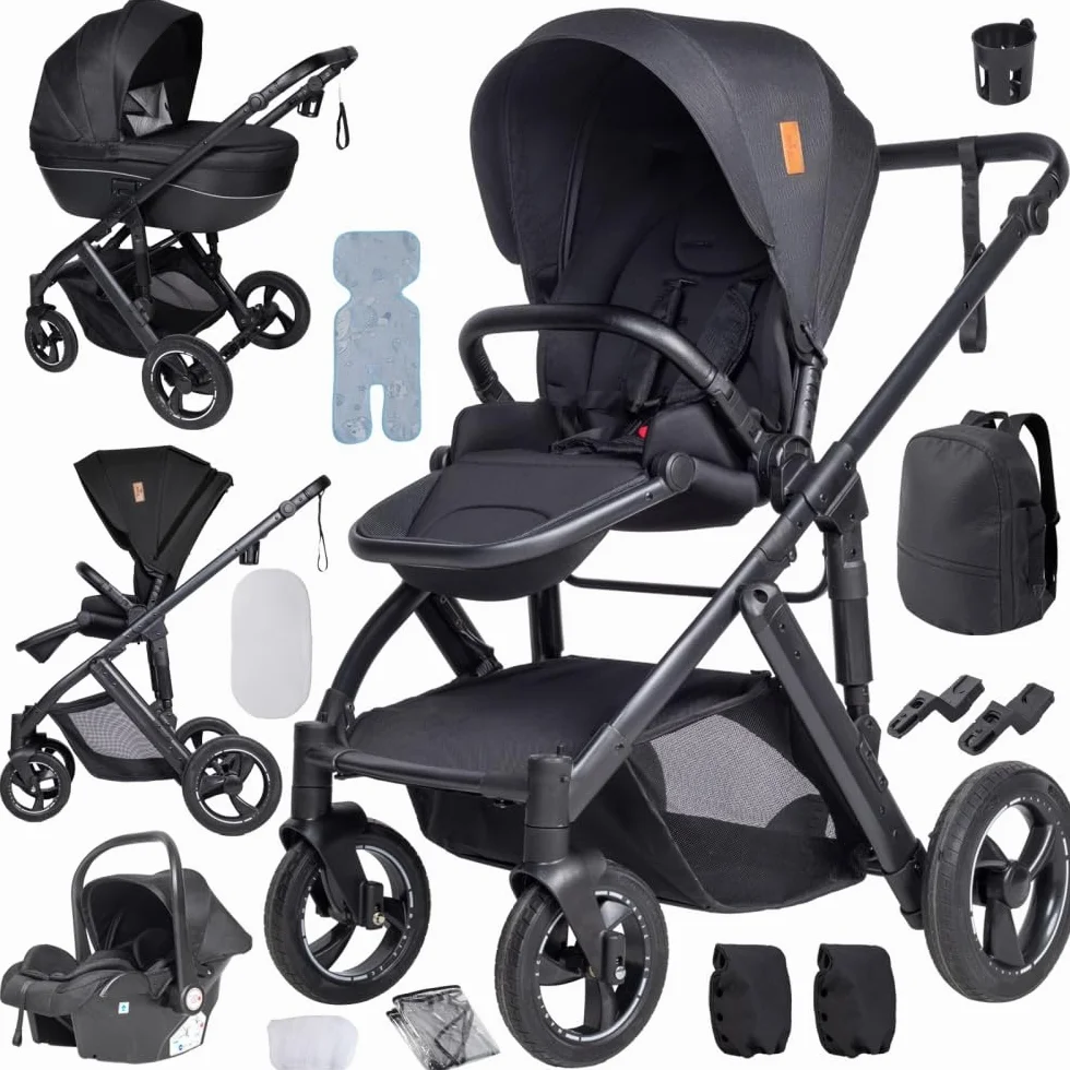 Passeggino 4 in 1 regolabile in altezza, Nero, Set completo