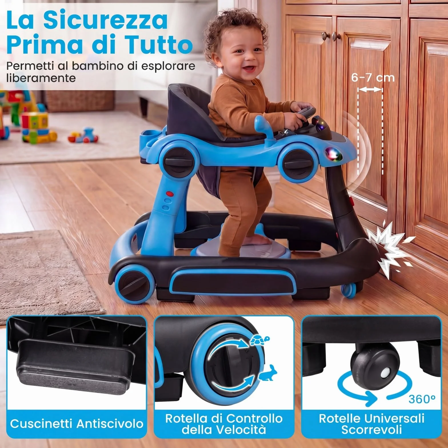 COSTWAY Girello per Bambini 6-in-1 Evolutivo, Centro Attività Pieghevole con Maniglia, Regolazione Altezza/Velocità, con Musica, Luci Tenda, per Neonati 6-18 Mesi (Nero+Blu)