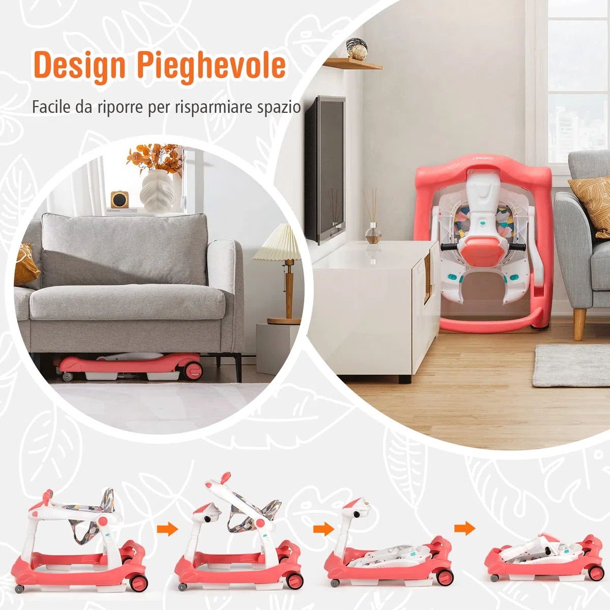 COSTWAY Girello per bambini 2 in 1, Girello con Altezza e Velocità Regolabili, Carillon con Luci e Cuscino Comodo, Primi Passi per Bambini 6-18 Mesi, Capacità di carico: 15 kg (Arancia)