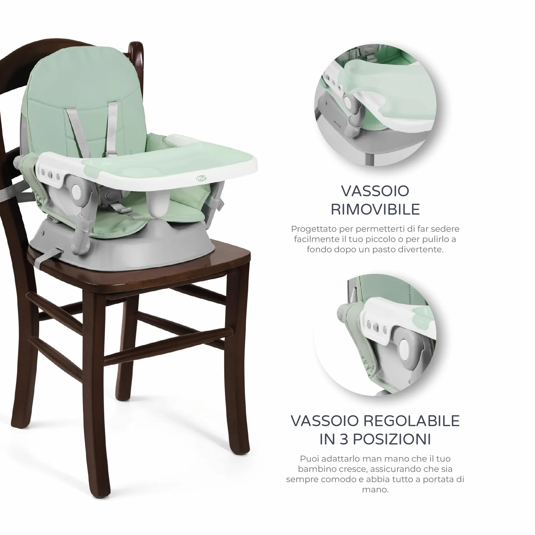 Seggiolone pappa 3 in 1 BELLY e SPOON Convertibile in rialzo e in sedia Pieghevole con seduta imbottita Portatile stabile sicuro Gambe antiscivolo Spoon Vert
