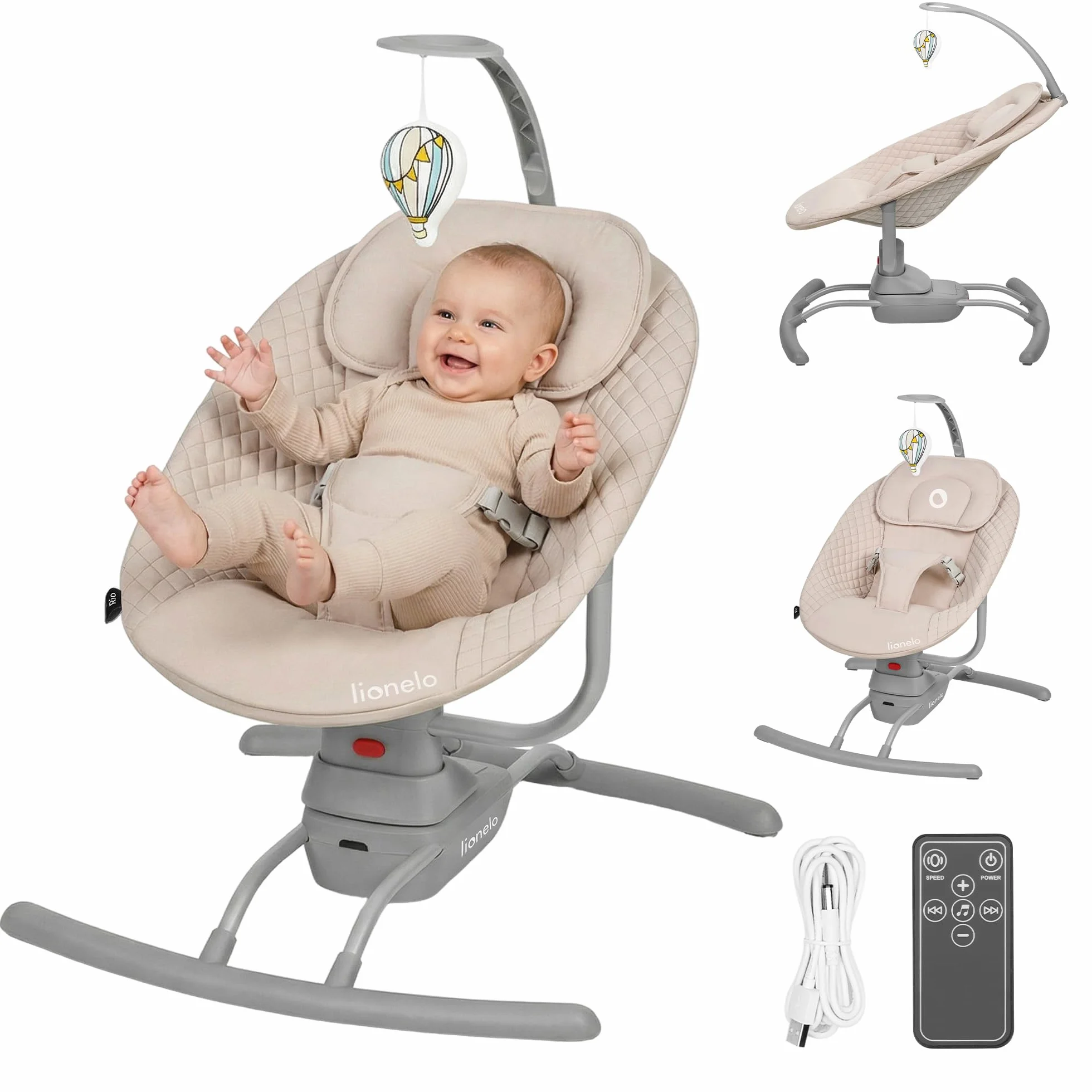 LIONELO RIO Dondolo elettrico per bambini, Schienale regolabile, dondolo a 3 velocità, cinture di sicurezza con cuscino Melodie e suoni della natura Archetto con giocattolo Leggero, fino a 9 kg