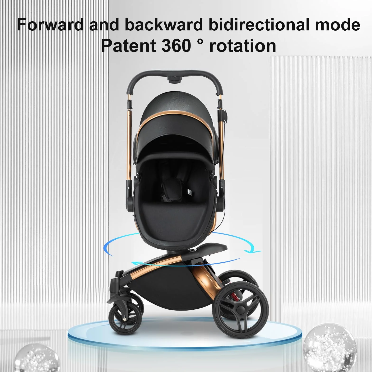 Passeggino Trio 3 in 1 360° Rotazione Pelle PU con Telaio Alluminio (906 Black)
