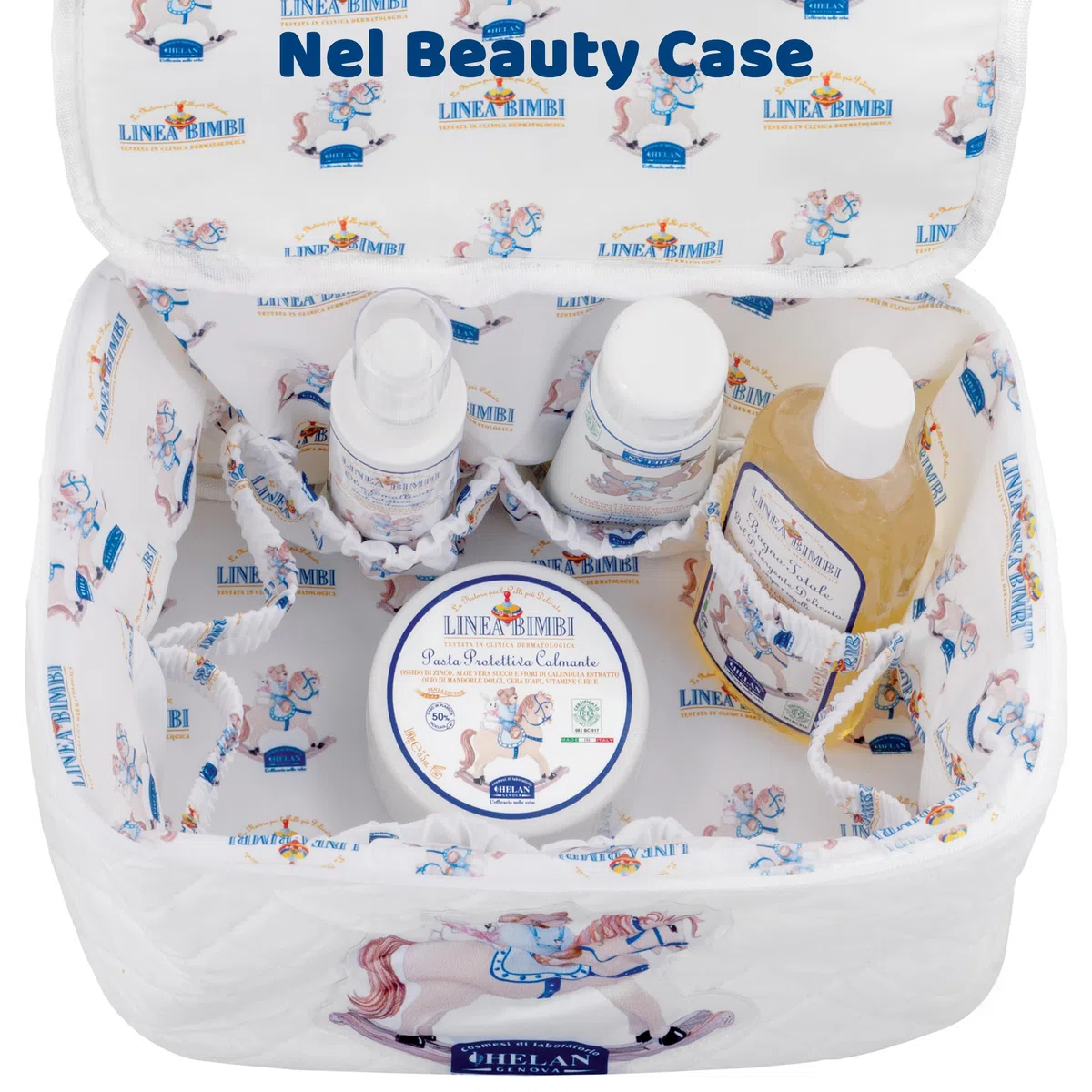 Helan, Linea Bimbi - Set Bagnetto Neonato, Beauty Case Neonato Kit Nascita Igiene con Crema Corpo Idratante, Bagnoschiuma Shampoo, Crema Cambio Pannolino e Olio Corpo, Prodotti Bagno per Idee Regalo